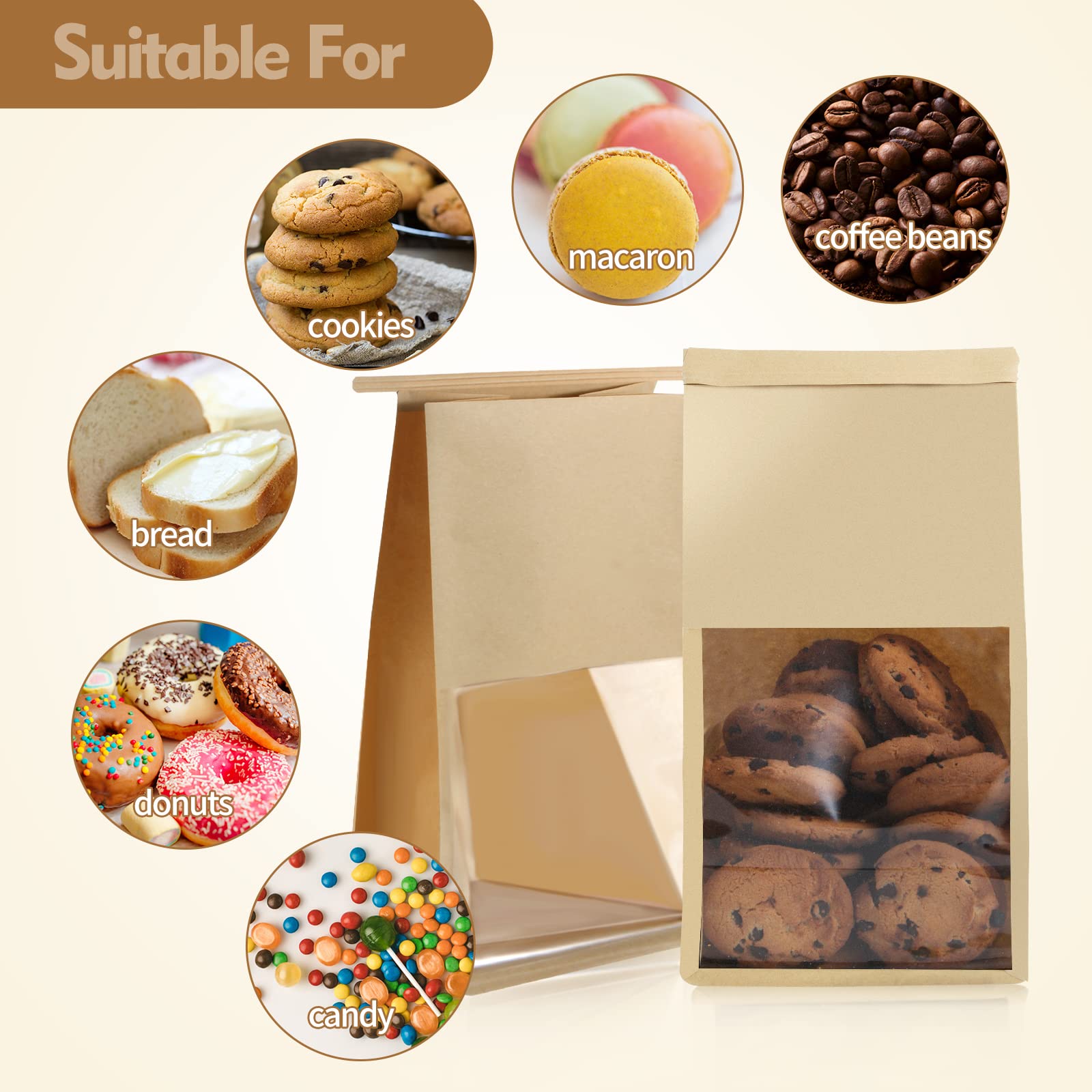 50pcs Kraft Paper Bakery Bags with Window, 5.1x4.3x11 Inches - Tin Tie Tab Lock Candy & Cookie Bags for Gift Giving, Party Favors, Wedding Treats, and Holiday Packaging