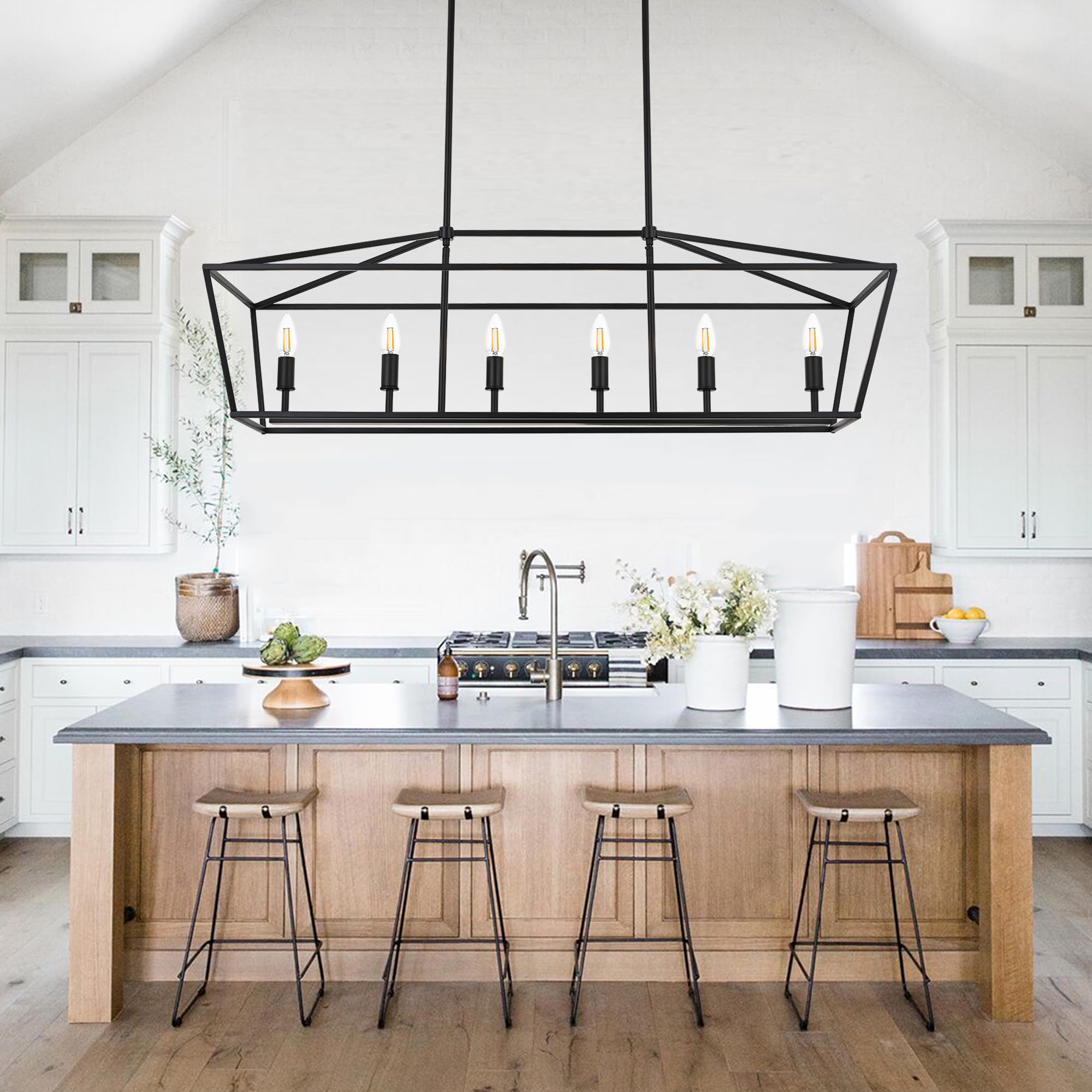 6-Light Black Farmhouse Chandelier - Kitchen Island Lighting Fixture with E12 Base for Dining Room, Bedroom & Living Room | Rustic Home Decor & Ambient Lighting