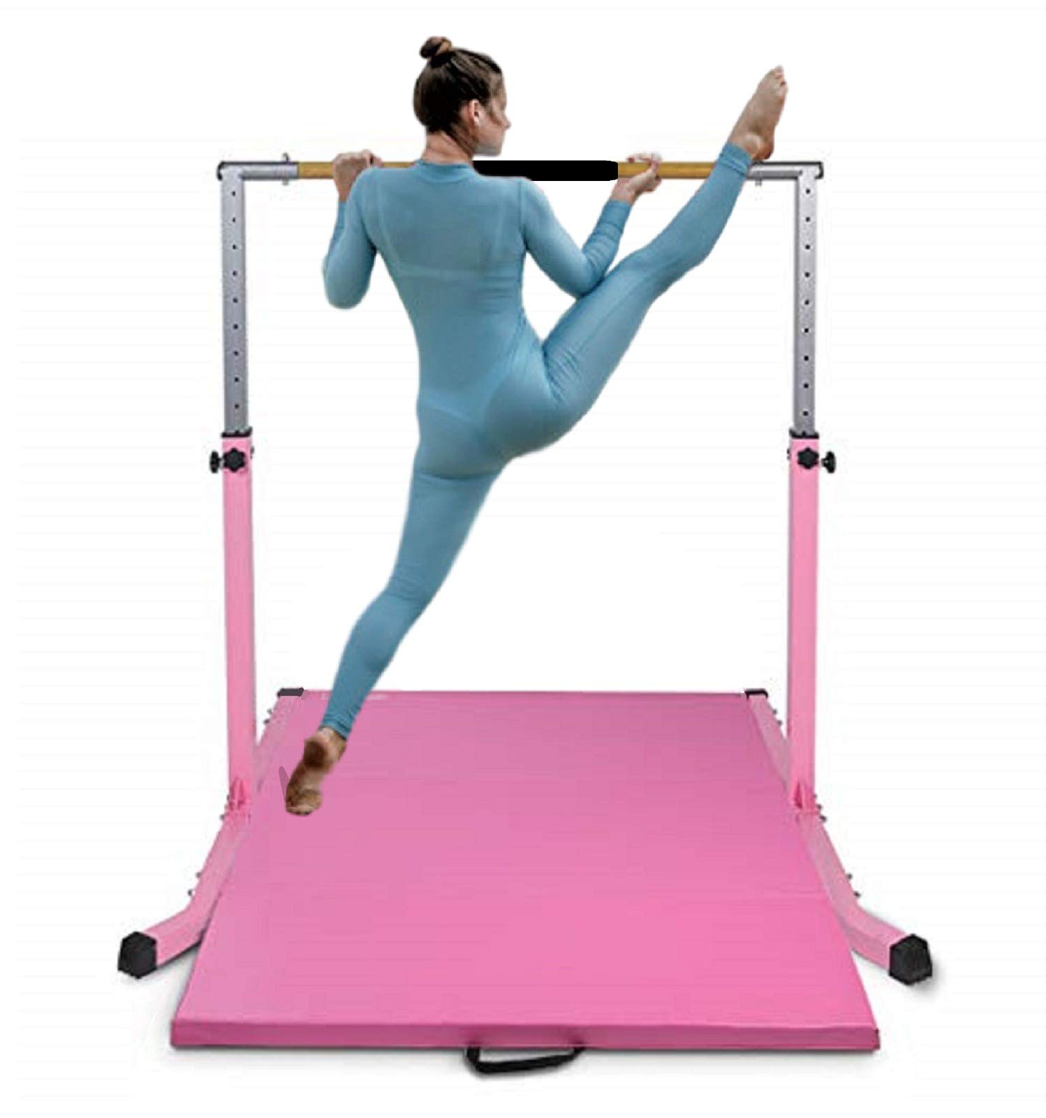 Professional Adjustable Gymnastics Training Bar - 13-Level Height (3-5 FT) with Cushioned Kip Bar & Curved Legs - Junior Horizontal/Asymmetric Bar for Home Gym (Pink) - Perfect for Kids' Gymnastics Practice, Strength Training & Indoor Fitness
