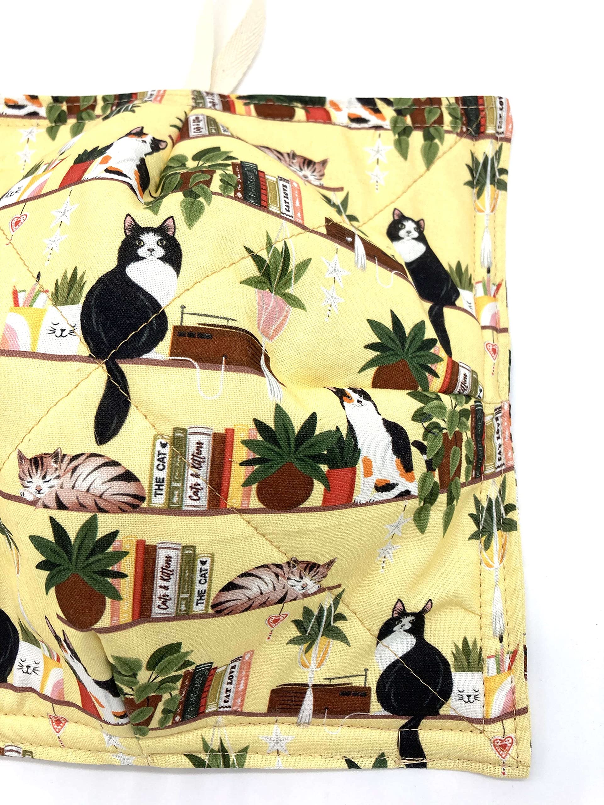 Microwave Bowl Cozy 8.5 Inches - Handmade in USA for 8 Inch Bowls - Cat & Bookshelf Novelty Design - Perfect for Soup, Oatmeal & Microwave Meals