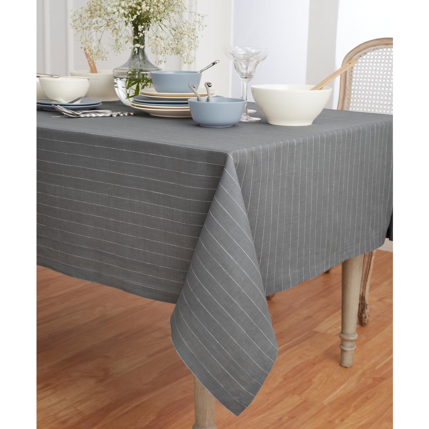Premium 100% Linen Tablecloth 60x108 Inch - Handcrafted Grey & White Pinstripe Design - Machine Washable for Easy Care - Perfect for Spring Dining, Easter Brunch & Formal Dinner Parties