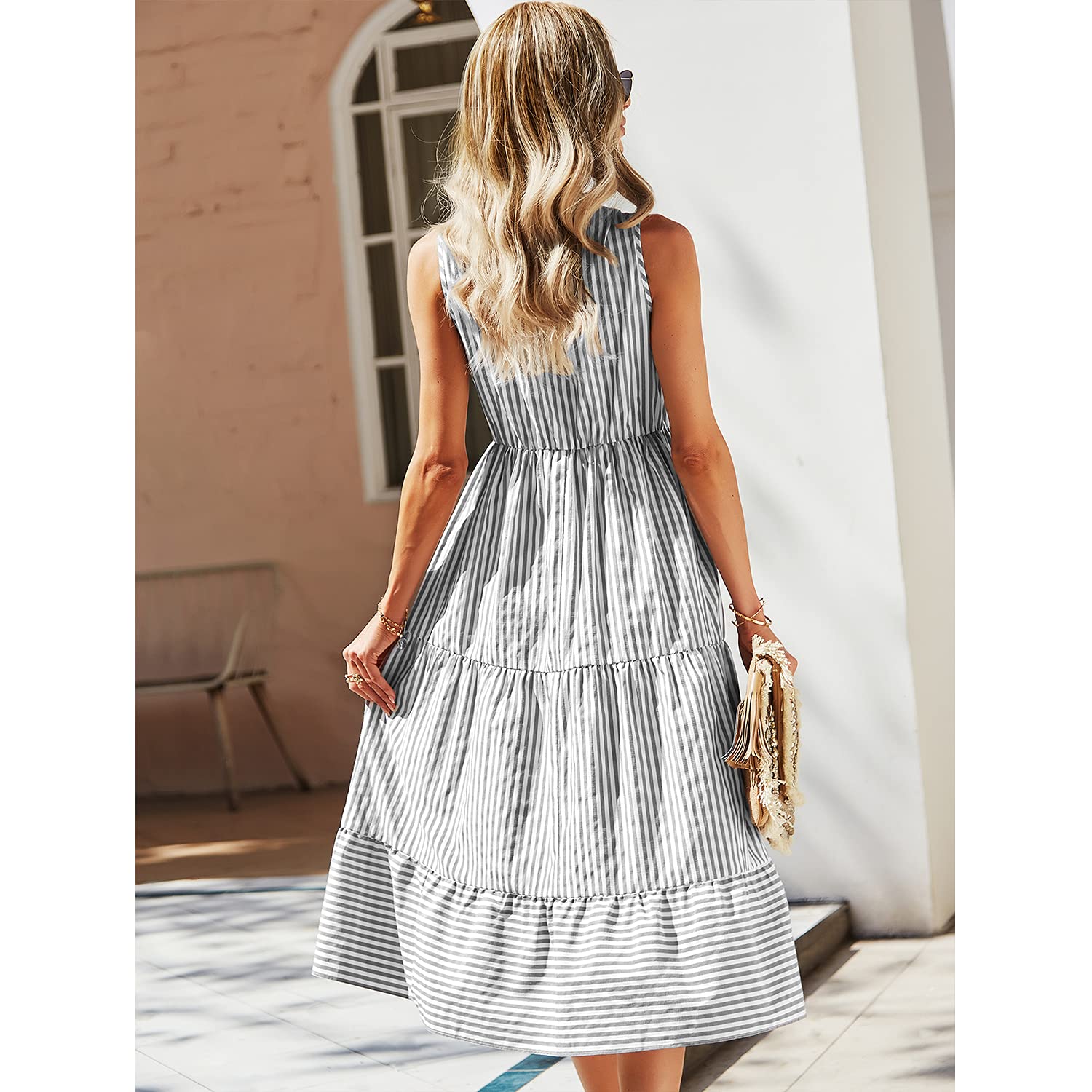 BROVAVE Women's 2025 Summer Sleeveless Striped V-Neck Collar Shirt Dress - Casual Midi Dress for Beach, Office & Date Night