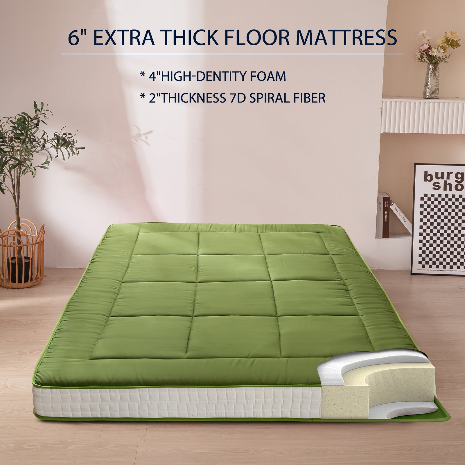 MAXYOYO Padded Japanese Floor Mattress - Green Foldable Roll Up Futon Mattress for Bedroom, Guest Room & Travel | Comfortable Floor Sleeping & Lounging