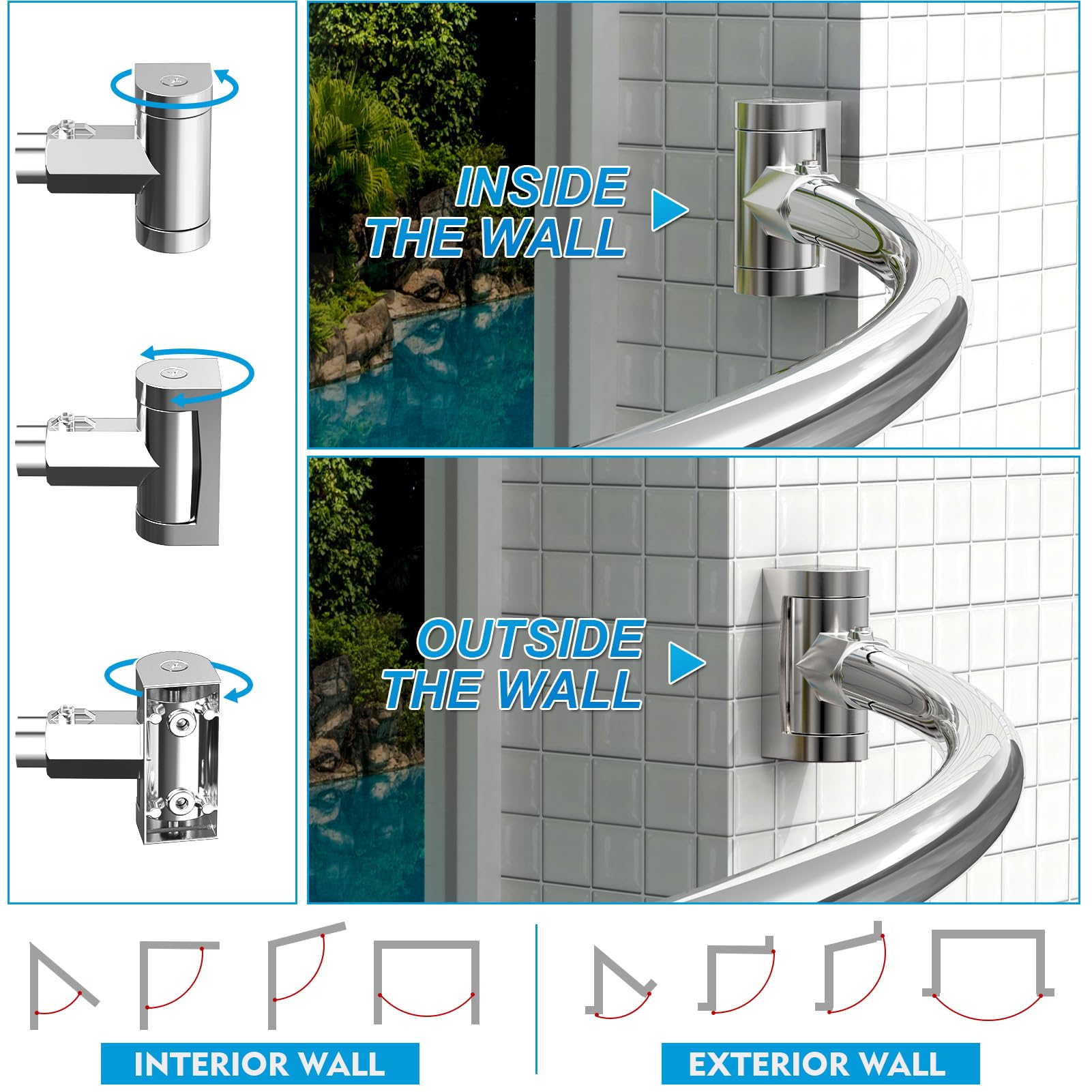 Adjustable Curved Shower Rod 38-72 Inches - Chrome Metal Bathroom Shower Curtain Rod with Rotating Brackets for Spacious Showers (Drilling Required) - Perfect for Modern Bathrooms & Luxury Hotel-Style Showers