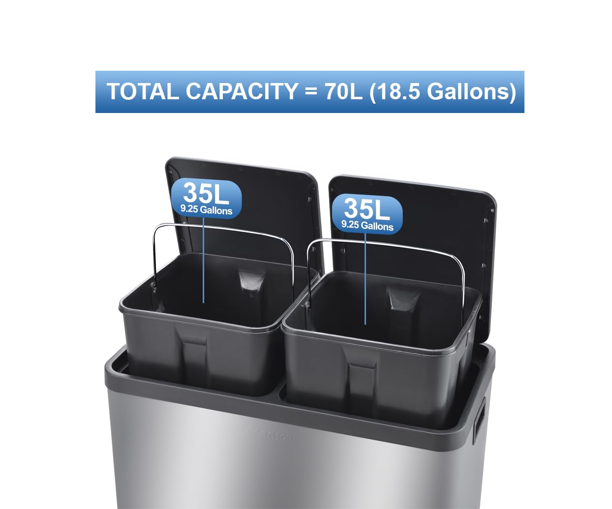 18.5 Gallon Step N' Sort Dual Trash & Recycling Bin - Extra Large Capacity, Soft-Step Design, Removable Inner Bins, Silver - Perfect for Kitchen, Office & Eco-Friendly Waste Sorting