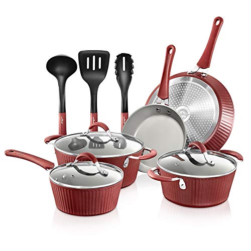 11 Pcs. Stylish Kitchen Cookware Set w/ Elegant Lines Pattern