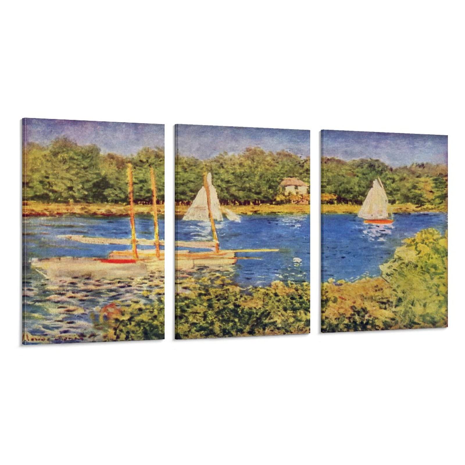 Claude Monet 'The Seine at Argenteuil 1874' Impressionist Landscape Art Reproduction - 3 Panel Canvas Wall Art, Famous Oil Painting Print, Vintage Aesthetic Poster for Living Room, Bedroom & Office Decor