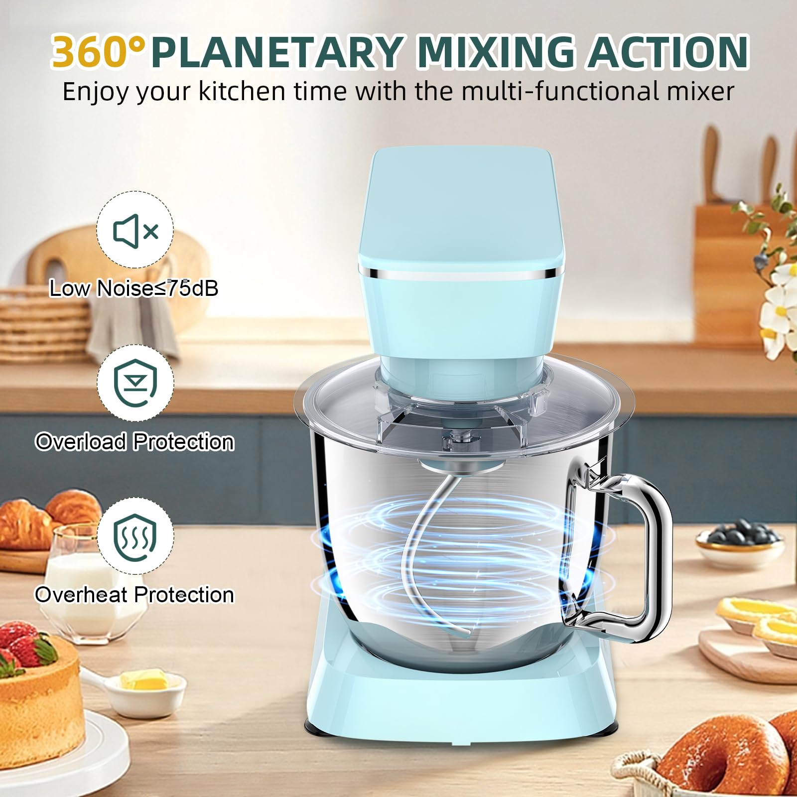 6QT 10-Speed Tilt-Head Stand Mixer with Stainless Steel Bowl - Dough Hook, Flat Beater & Wire Whisk Included - Perfect for Baking Cakes, Cookies & Bread - Splash Guard & Blue Design for Mess-Free Kitchen Mixing