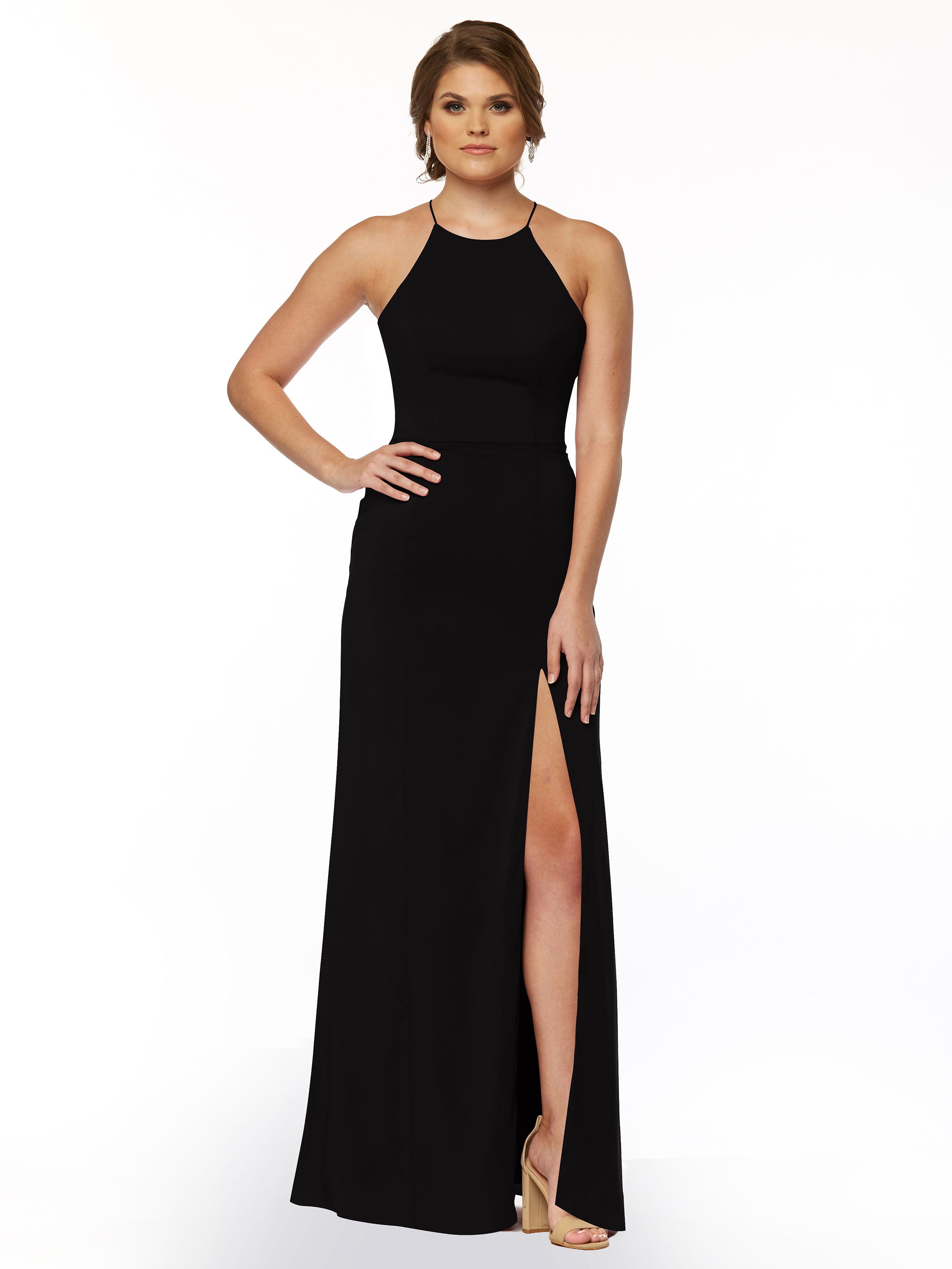 Elegant 83026 Sheath Stretch Chiffon Bridesmaid Dress with Halter Neckline & High Slit - Perfect for Weddings, Formal Events & Evening Parties