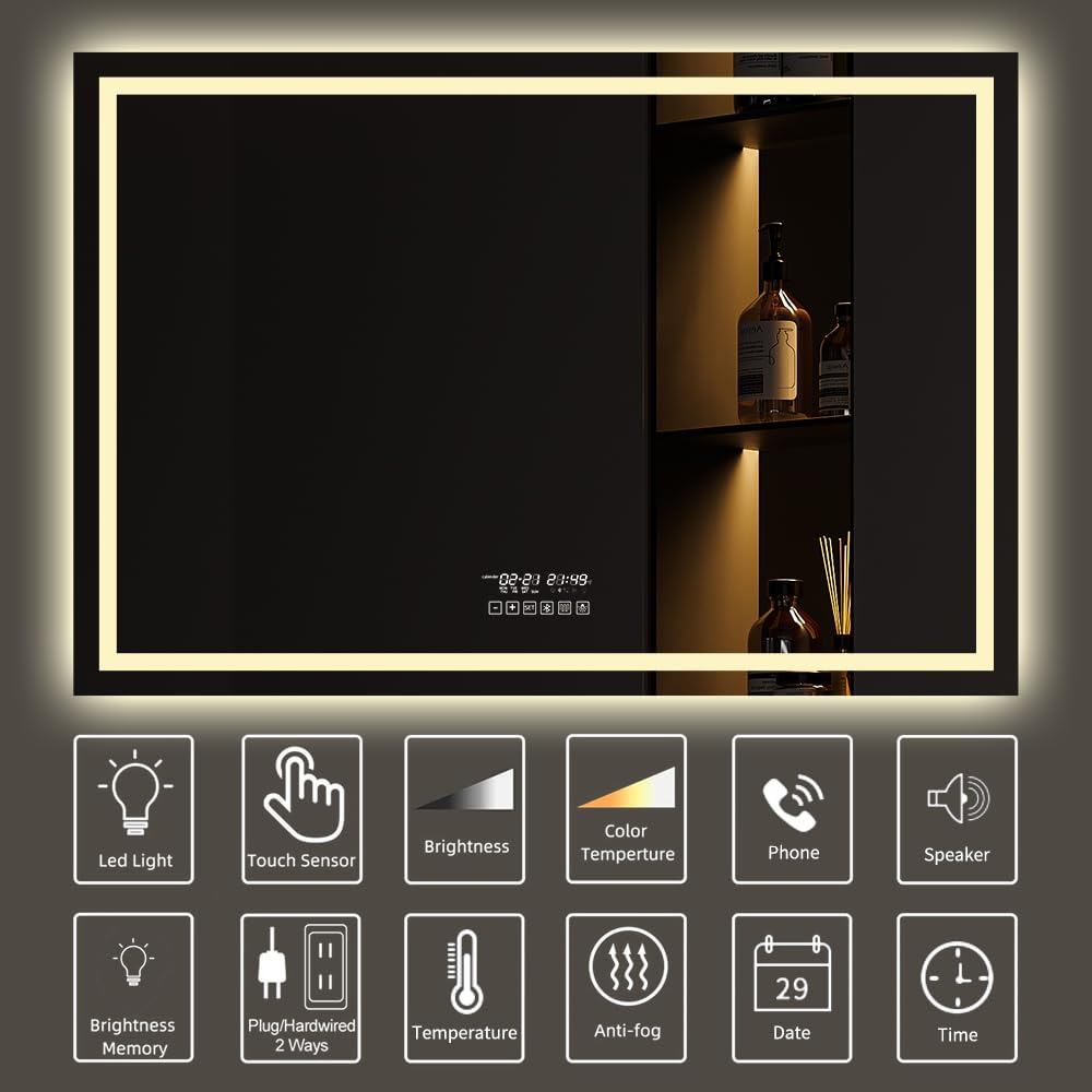 GESIPOR 40x32 Inch LED Bathroom Mirror with Wireless Speaker, Dimmable Backlit Vanity Mirror - Wall Mounted Anti-Fog Smart Mirror with 3000K/6000K Lighting for Makeup & Shaving (Horizontal) | Perfect for Modern Bathrooms, Dressing Rooms & Vanity Areas