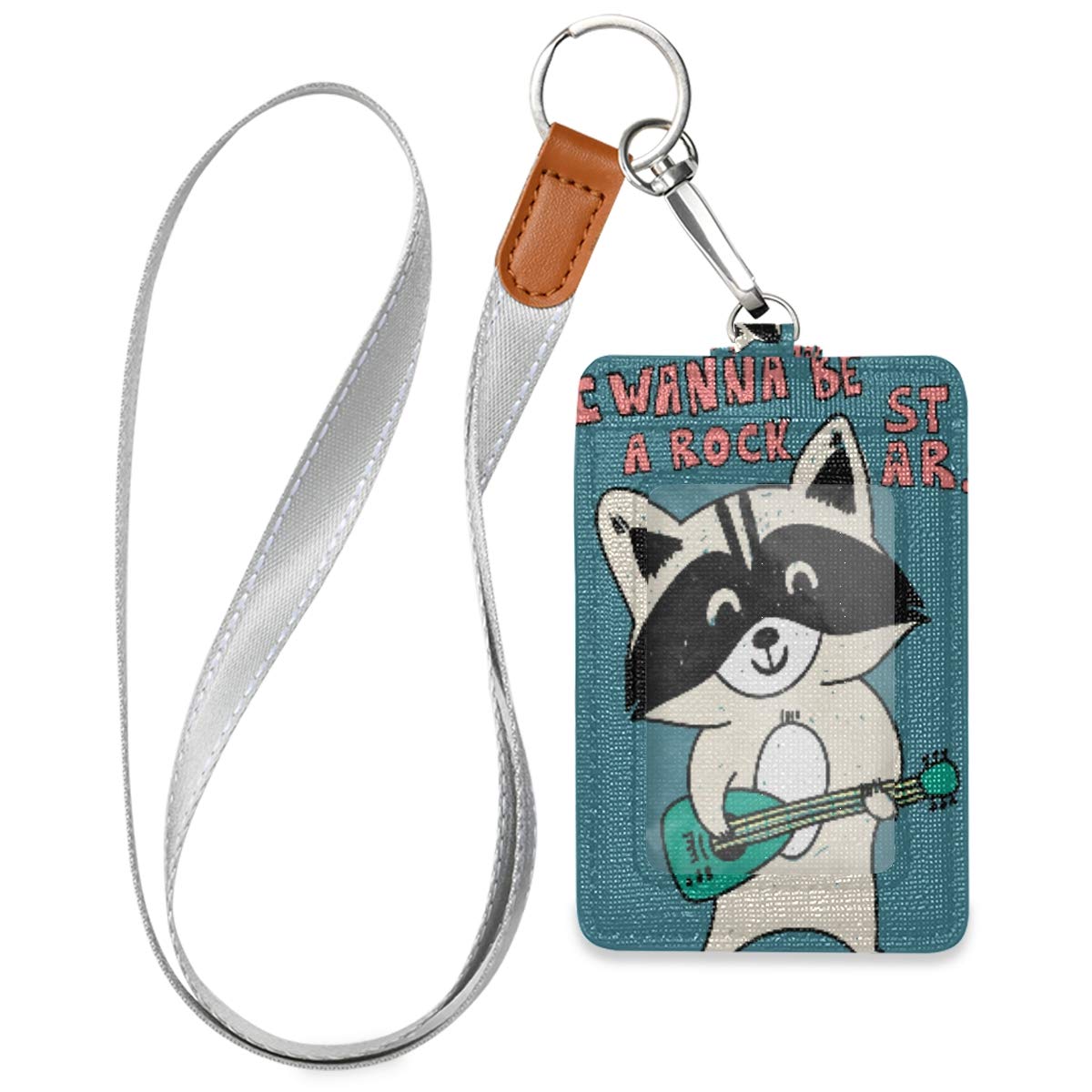 Cartoon Raccoon Guitar ID Badge Holder - PU Leather Vertical Name Card Holder with 1 Clear Window & 2 Credit Card Slots - Adjustable Neck Lanyard for Work, School & Office (Teachers, Students, Employees) - Perfect for Security Access, Conferences & Campus Events