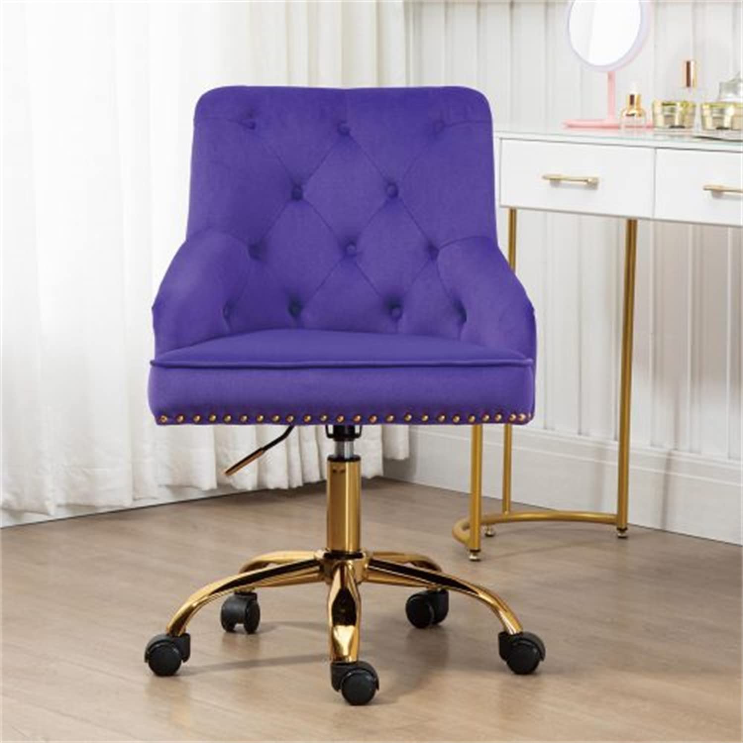 Luxury Velvet Home Office Chair - Adjustable Height Ergonomic Desk Chair with Button Tufted Back & Nail Head Trim - Purple Upholstered Computer Chair for Bedroom, Living Room & Home Office Workspace