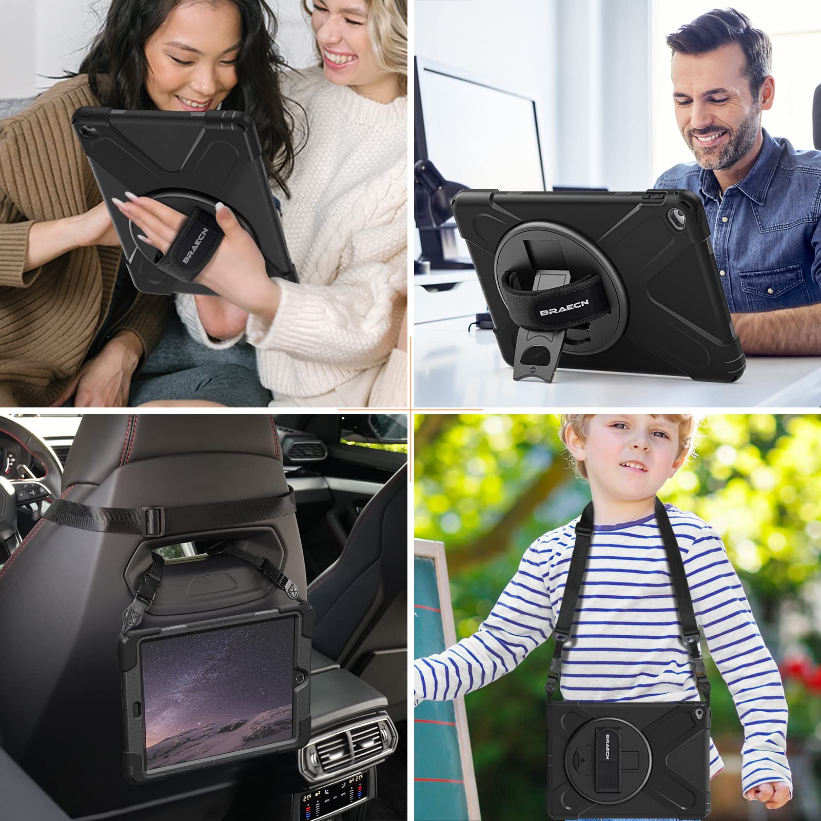 BRAECN Shockproof Rugged Case for iPad Air 2 (9.7 Inch, 2nd Generation 2014 Model A1566/A1567) - Hybrid Protective Cover with Kickstand & 360° Rotatable Hand Strap - Perfect for Kids, Travel, and Outdoor Use - Black
