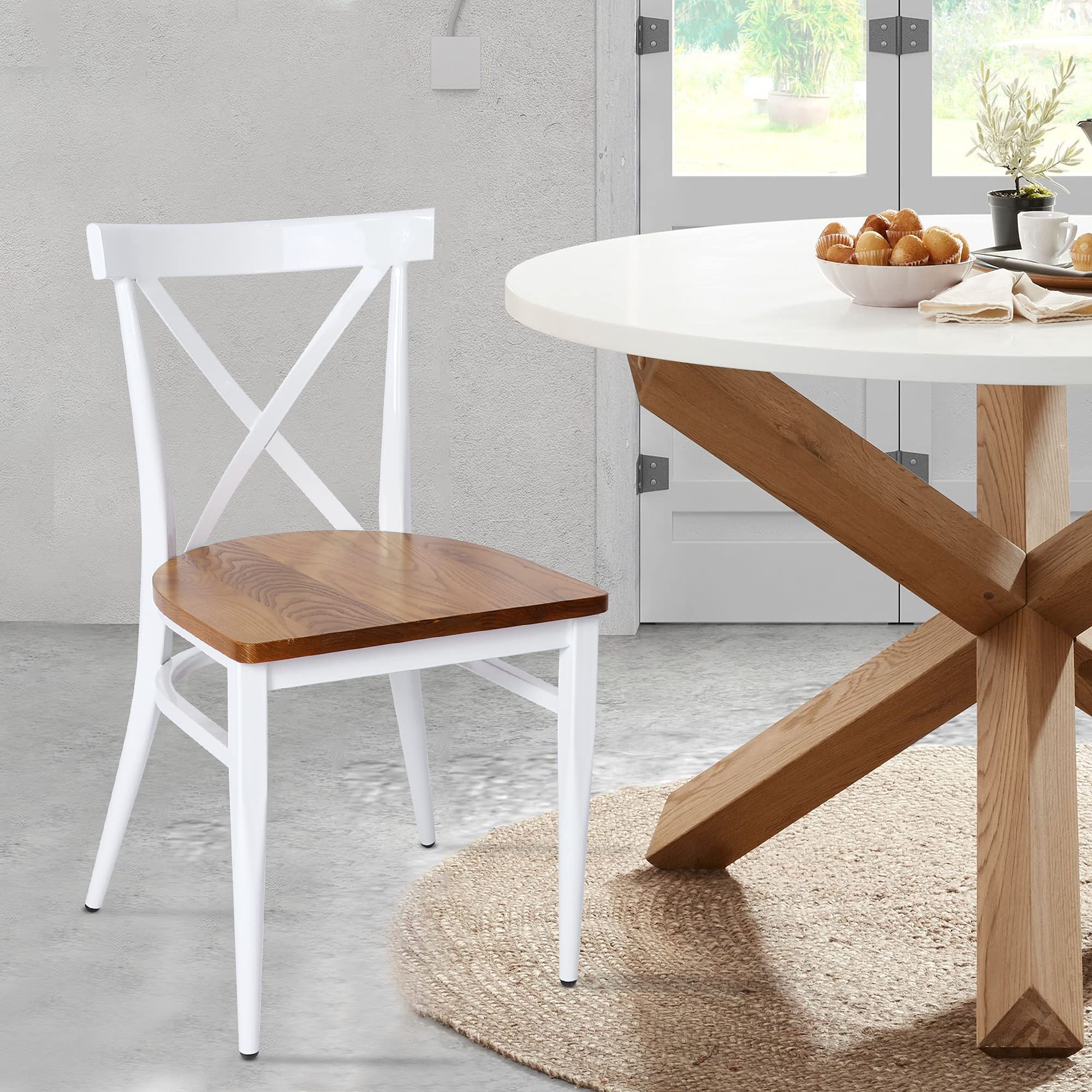 TRY & DO Set of 2 White Wooden Dining Chairs with Solid Wood Seat & Metal Legs - Stackable Fully Assembled Kitchen Side Chairs for Home, Restaurant & Outdoor Use - Perfect for Dining Rooms, Patios and Cafes