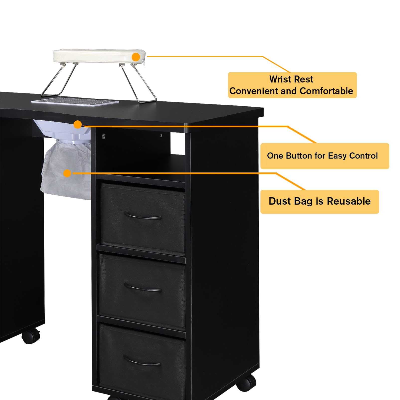 Professional Manicure Table Nail Desk with 3 Drawers, 1 Door, Dust Collector & Arm Rest Cushion - Wooden Beauty Salon Vanity Table for Spa, Home & Nail Technician Workstation - Perfect for Nail Art, Pedicures & Professional Manicures (Black)