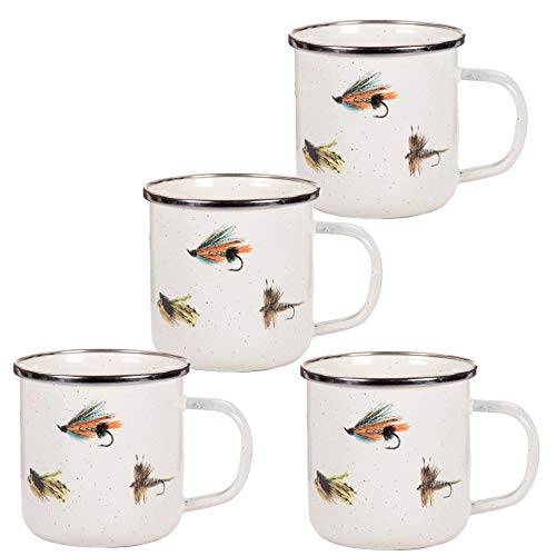 Premium Fly Fishing Enamelware Coffee Mugs - Set of 4 (12 oz Each) for Camping, Outdoor Adventures & Rustic Home Decor