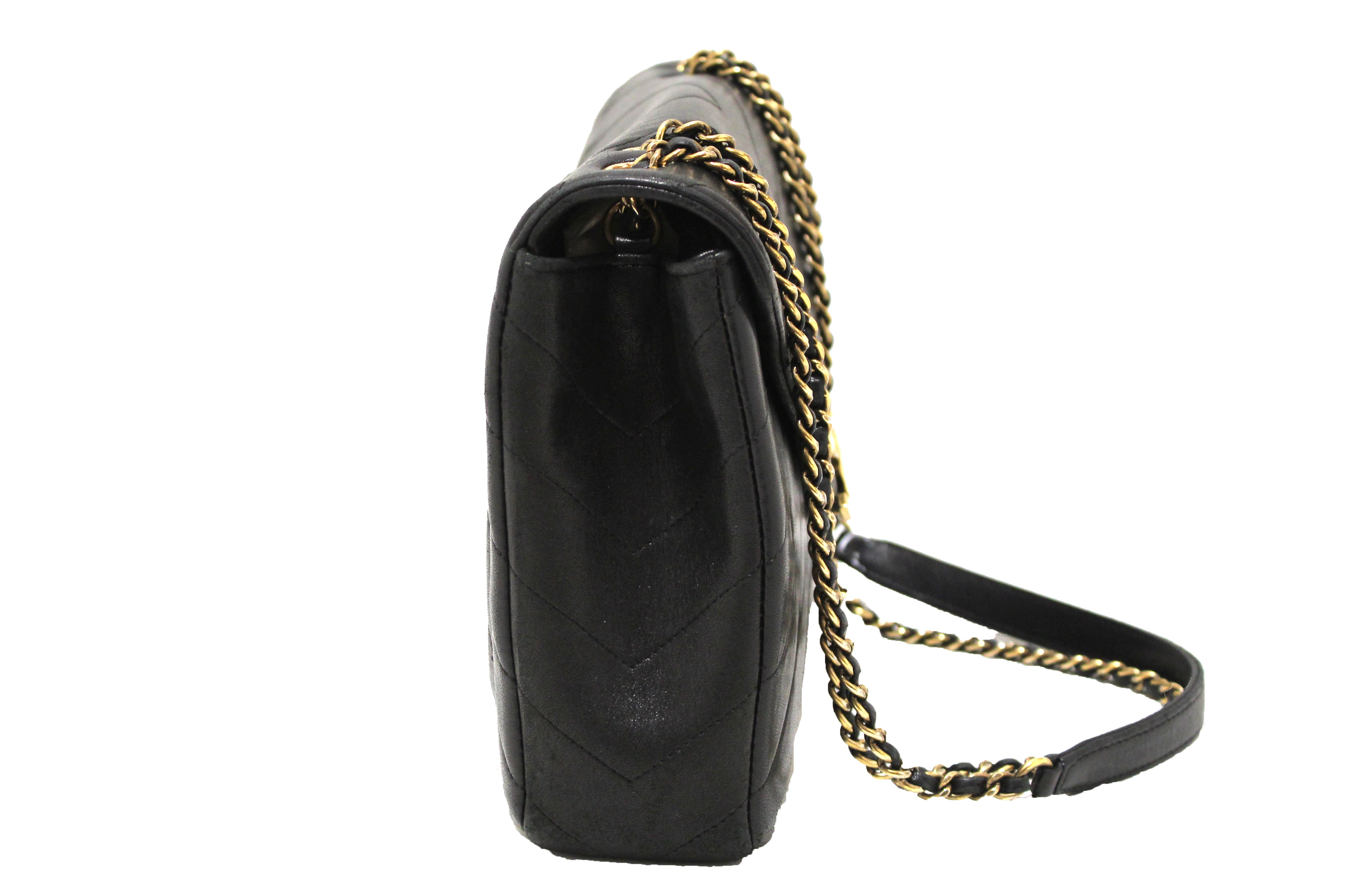 Authentic Chanel Black Quilted Lambskin Leather Reversed Chevron Flap Bag - Luxury Designer Handbag for Women, Perfect for Parties, Dating & Special Occasions