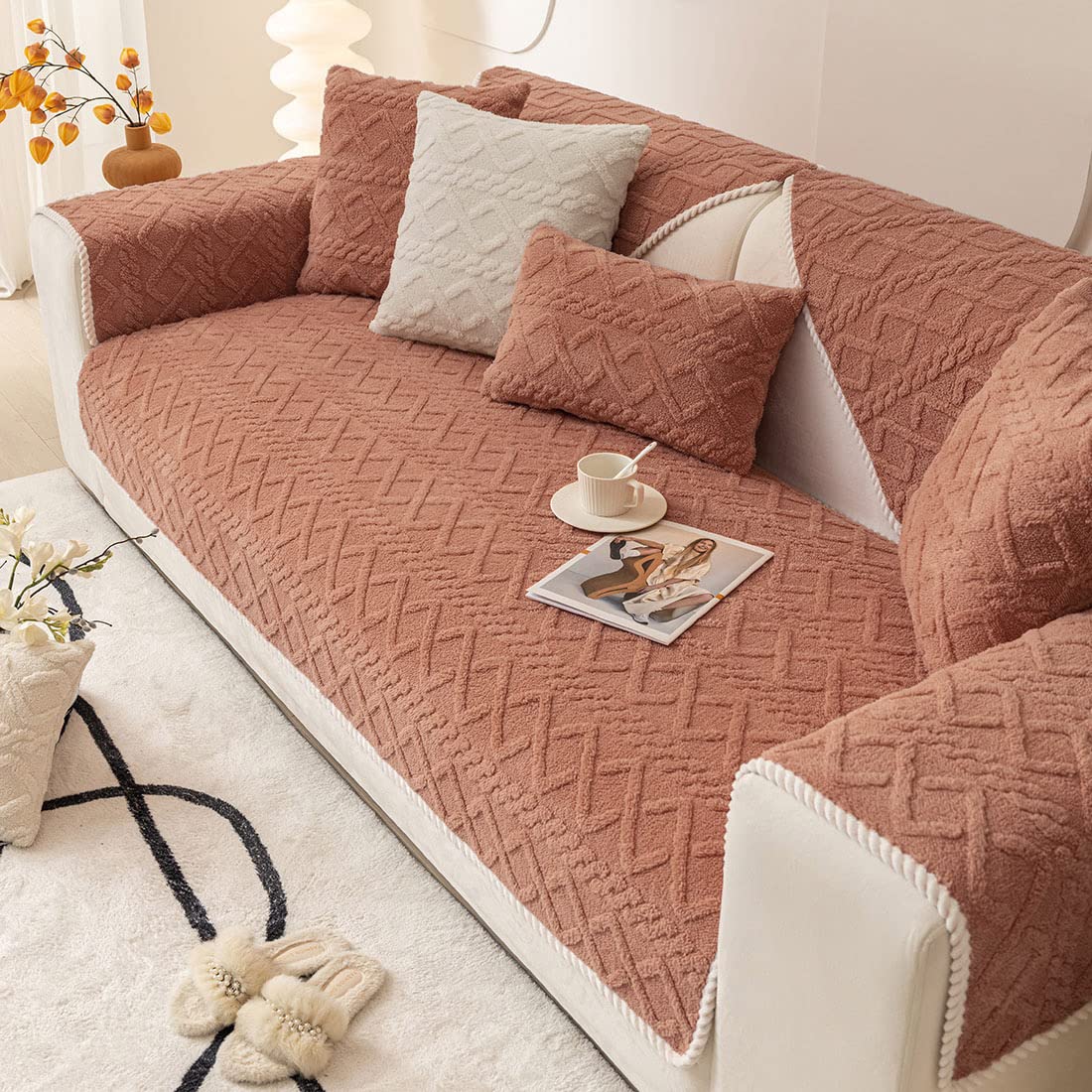 Geometric Jacquard Plush Sofa Covers – Farmhouse Neutral Non-Slip Sectional Couch Cover – Soft & Warm Sofa Slipcover for Dogs, Kids & Pets – Furniture Protector (Orange, 43
