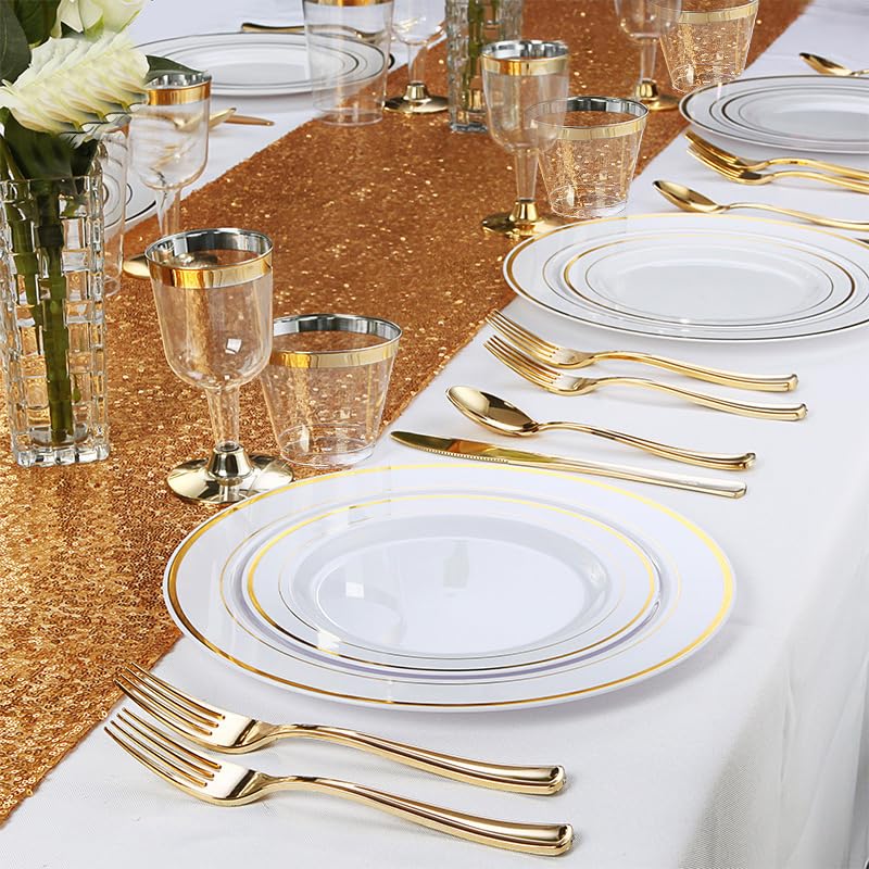 175-Piece Gold Disposable Dinnerware Set - 50 Gold Rim Plastic Plates, 25 Gold Plastic Silverware, 25 Gold Plastic Cups & 25 Gold Paper Napkins - Elegant Party Tableware for Weddings, Birthdays & Special Events
