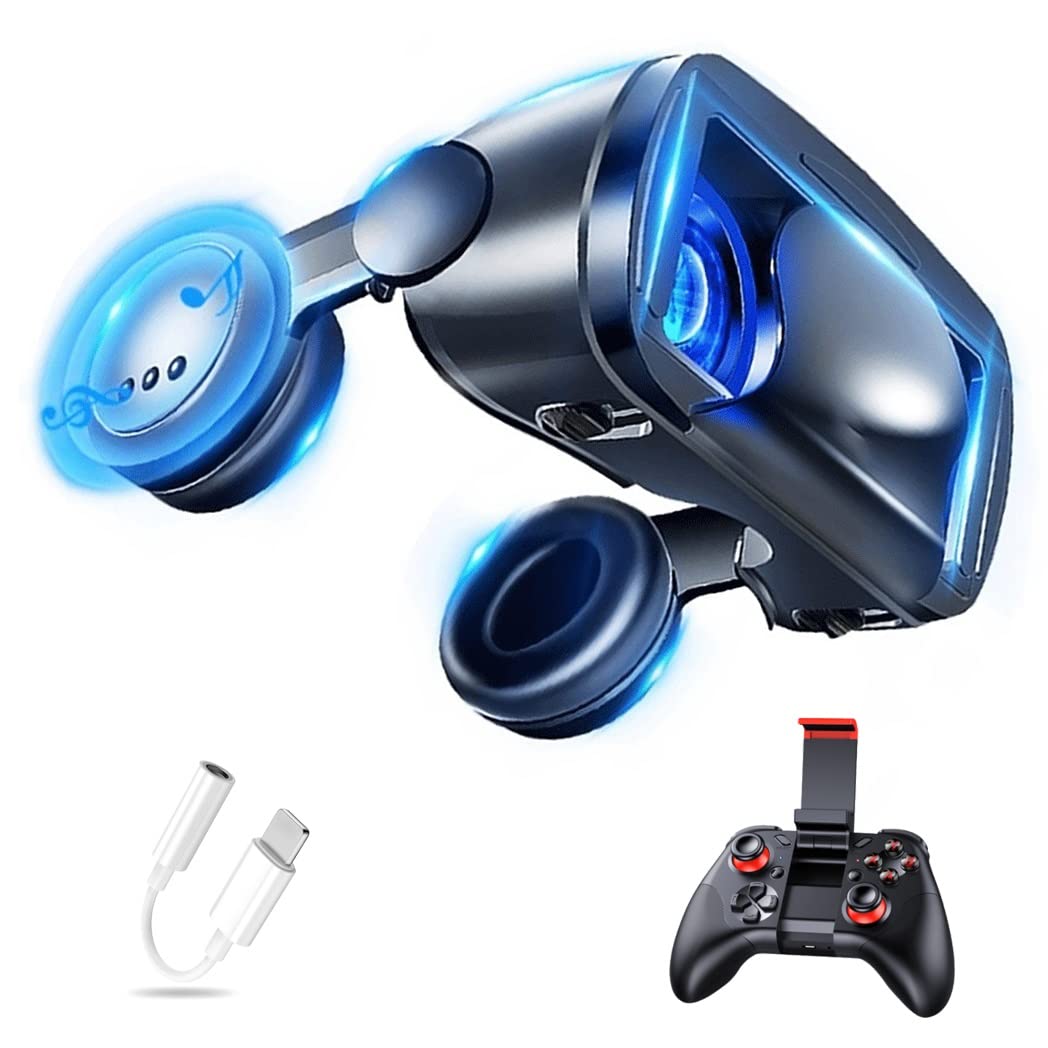 3D VR Headset with Bluetooth Controller - Compatible with iPhone 13 Pro Max/13 Pro/13/12/11, Samsung Galaxy S21, Huawei & Xiaomi - Immersive Virtual Reality Gaming & Movie Experience for Android Smartphones
