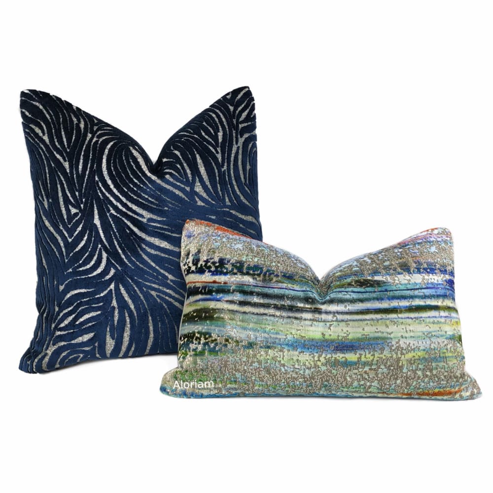 Alden Navy Blue Abstract Cut Velvet Pillow Cover - Luxurious Decorative Throw Pillow Case for Sofa, Bed & Home Decor