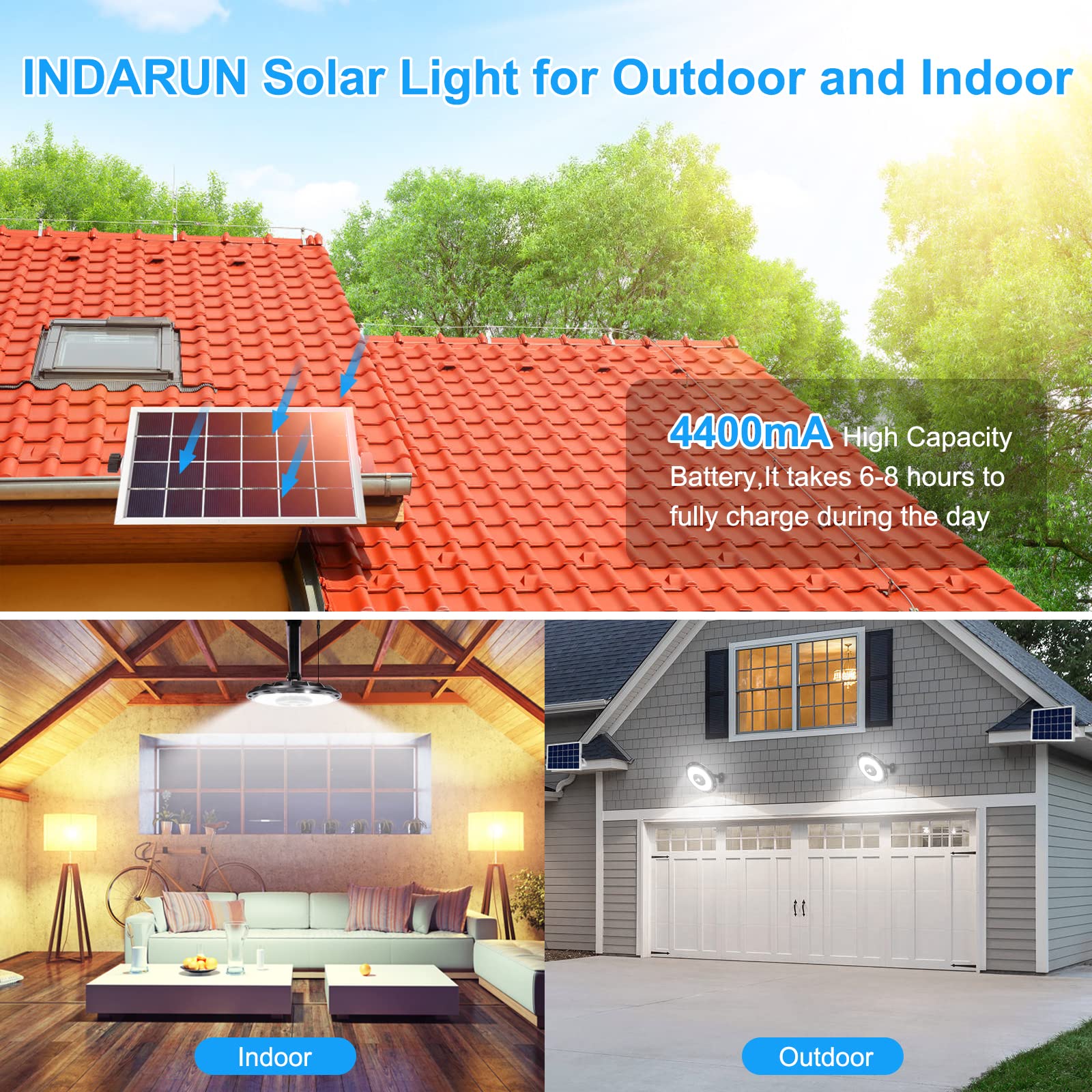 INDARUN Solar Shed Light with On/Off Switch - 3000LM Solar Powered Indoor/Outdoor Lighting with 5 Modes, Waterproof Motion Sensor Light for Garage, Patio, Yard - Perfect for Barn, Gazebo & Outdoor Security Lighting