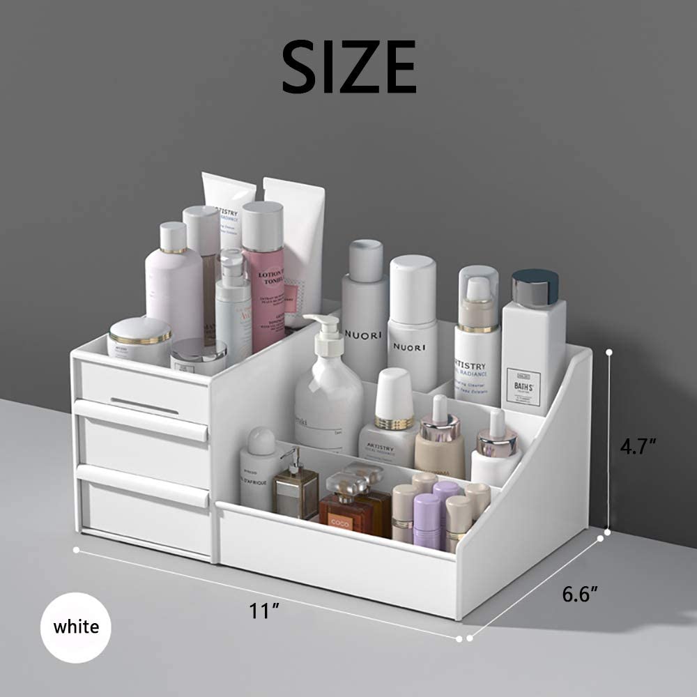 Premium Makeup Organizer with Drawers - White Cosmetic & Jewelry Storage for Vanity, Brushes, Lipstick, Eyeshadow | Countertop Desk Organizer for Bathroom, Bedroom & Dressing Table (White)