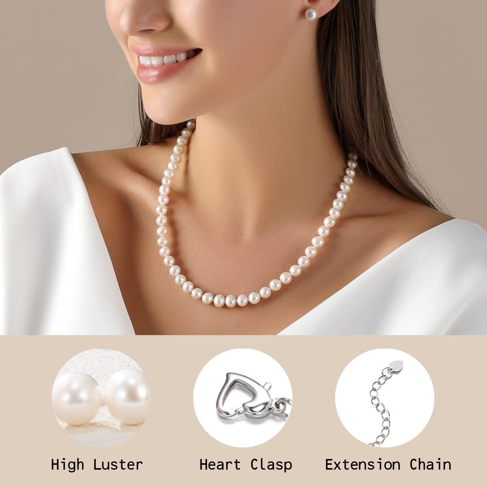 White Freshwater Pearl Necklace with Heart Clasp - Elegant Jewelry Gift for Women