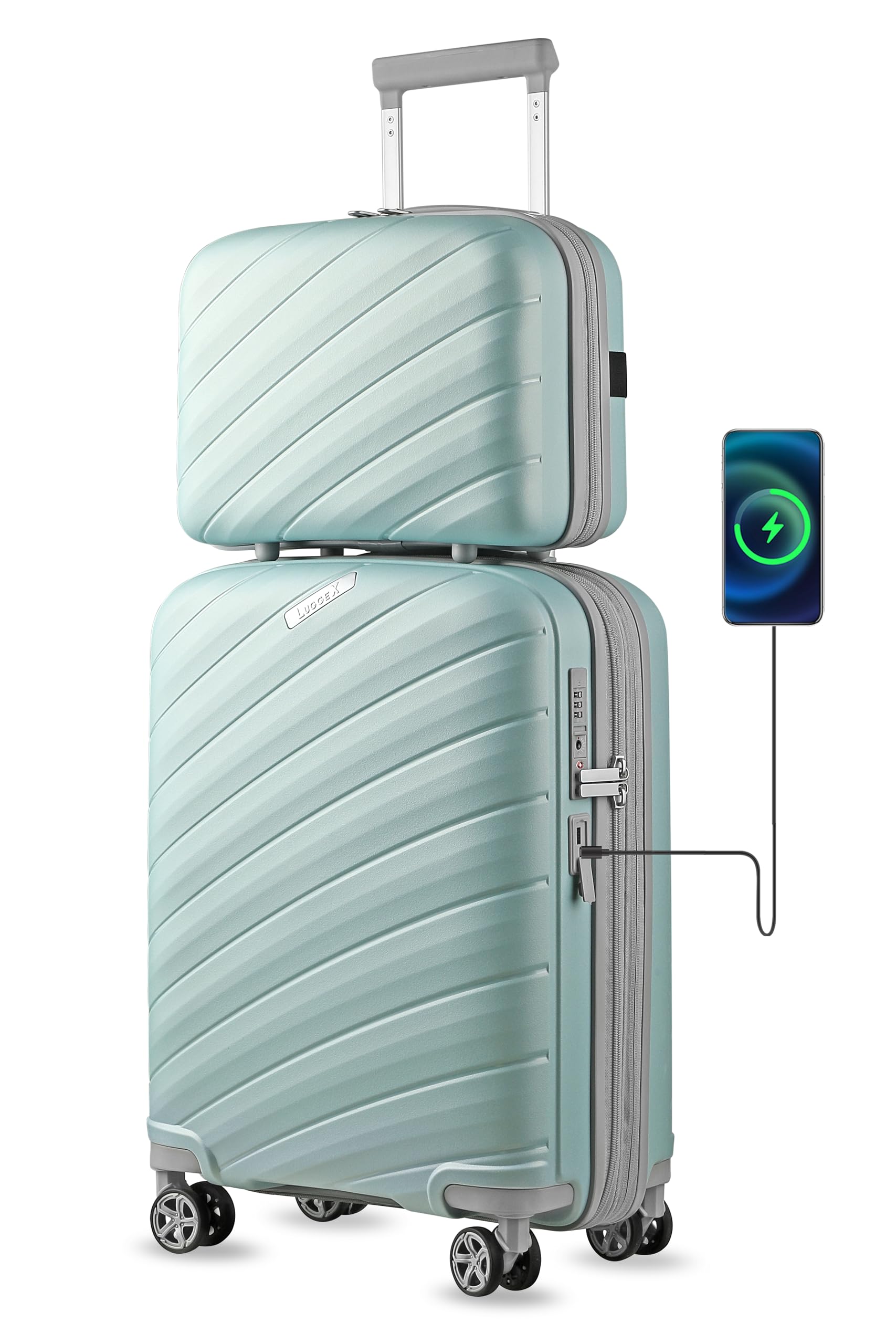 LUGGEX 2-Piece Lightweight Spinner Carry-On Luggage Set with USB Charger - Mint Green (14/20 Inch) - Perfect for Air Travel & Business Trips