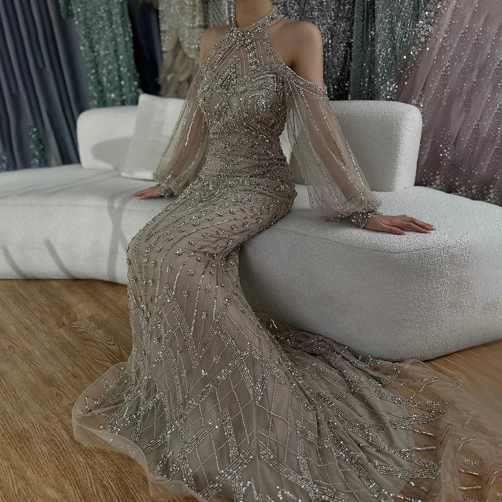 Elegant Sage Green Beaded Halter Neck Mermaid Evening Dress for Women - Luxury Dubai Formal Gown for Weddings, Prom, and Special Occasions - Saudi LA72737
