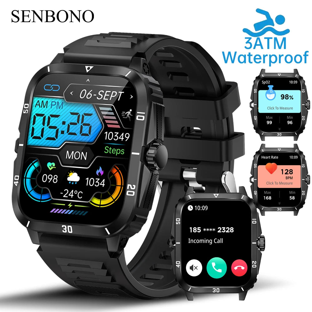 SENBONO Military Smart Watch for Men - IP68 Waterproof, 3ATM Shockproof, Outdoor Sports & Fitness Tracker - Perfect for Hiking, Running, Camping & Military Use