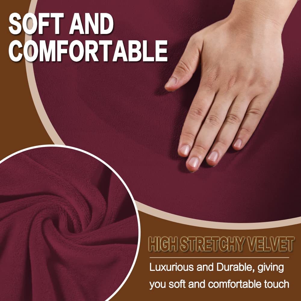 Velvet T-Cushion Sofa Slipcover 3-Piece Set - Soft Stretchable Couch Cover for Loveseat XL with 2 Individual T-Cushion Seat Covers - Burgundy Furniture Protector for Living Room, Apartment & Home Decor