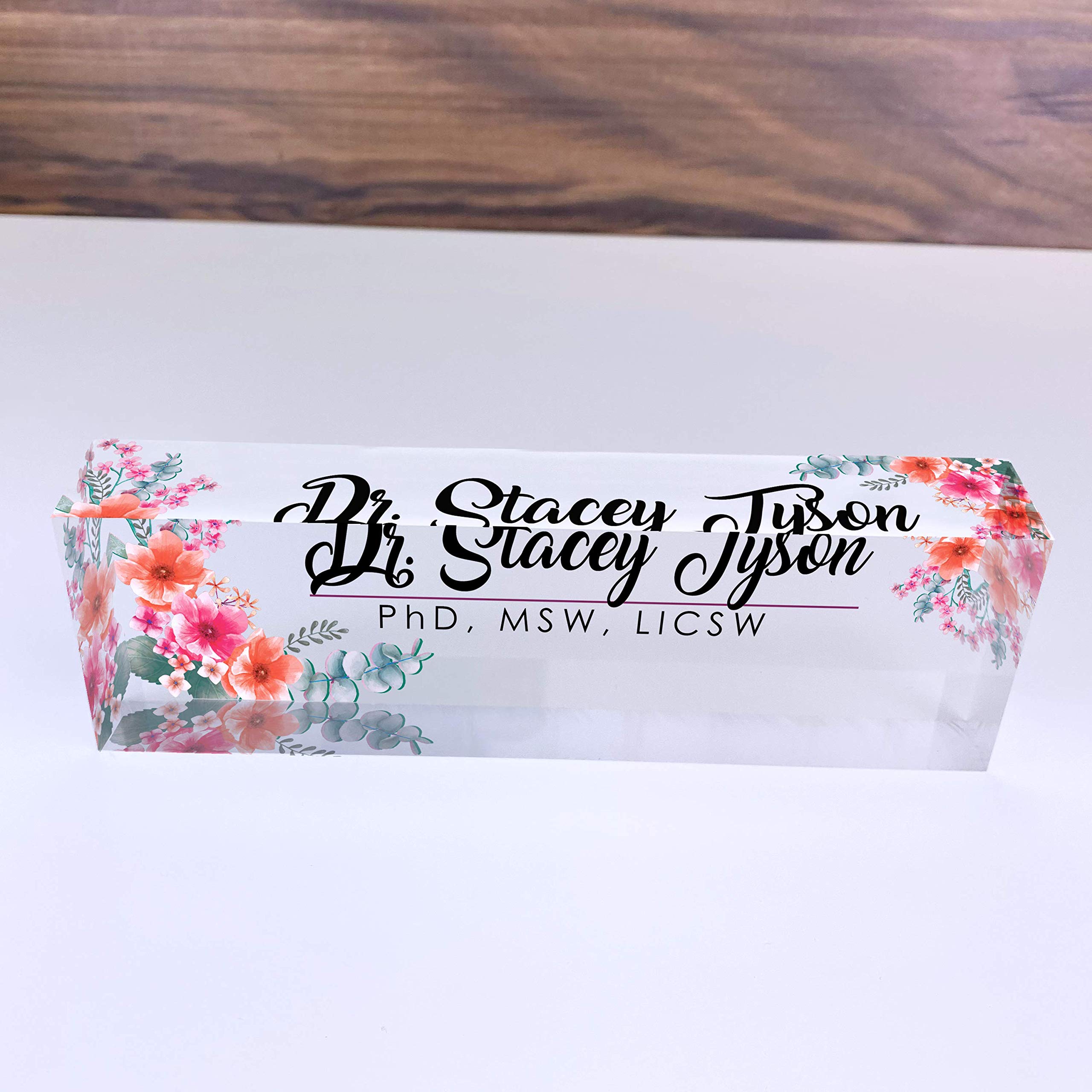 Personalized Acrylic Office Desk Name Plate - Custom Engraved Name Sign with Wild Flowers Design (8