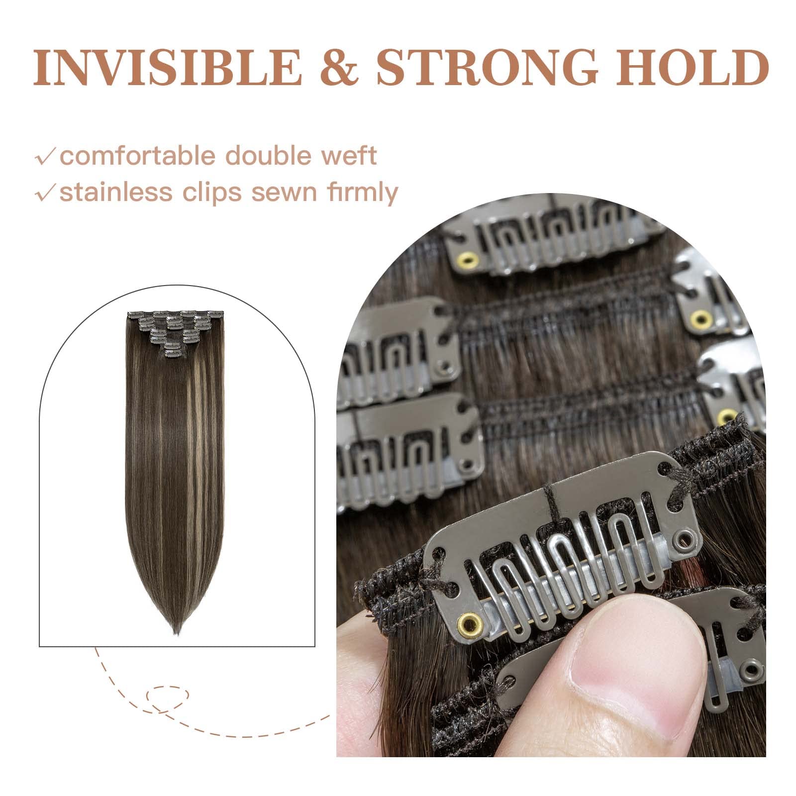 S-noilite Clip in Hair Extensions 20 Inch - 100% Real Human Remy Hair, Double Weft, 7pcs 120g, Balayage Dark Brown to Chestnut Brown - Seamless & Thick for Volume & Length - Perfect for Parties, Weddings & Daily Styling