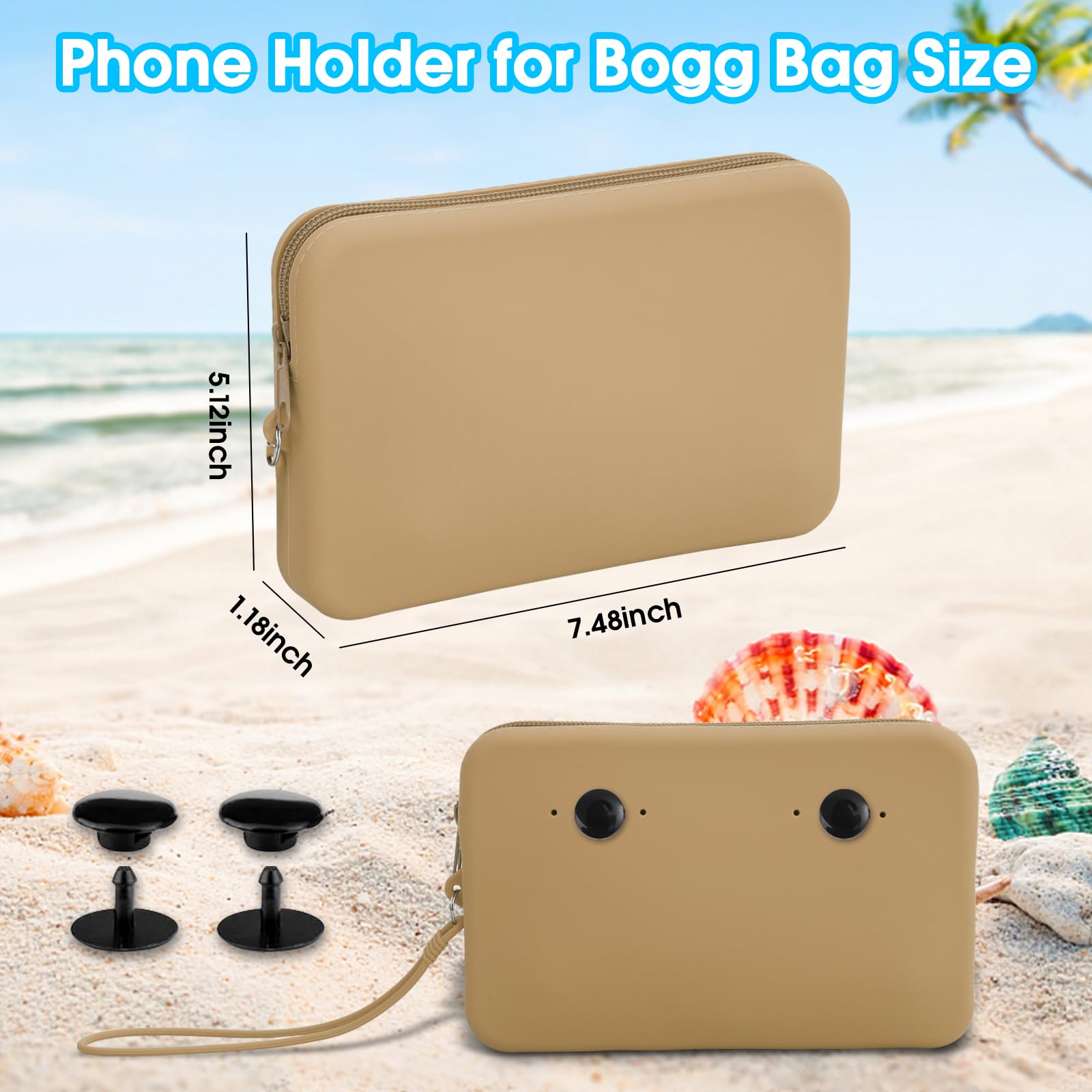 Bogg Bag Accessories Set - Large Khaki Silicone Phone Holder, Charm & Zipper Wallet with Lanyard | Perfect for Beach, Pool & Tote Bags | Waterproof Organizer for Summer Outings
