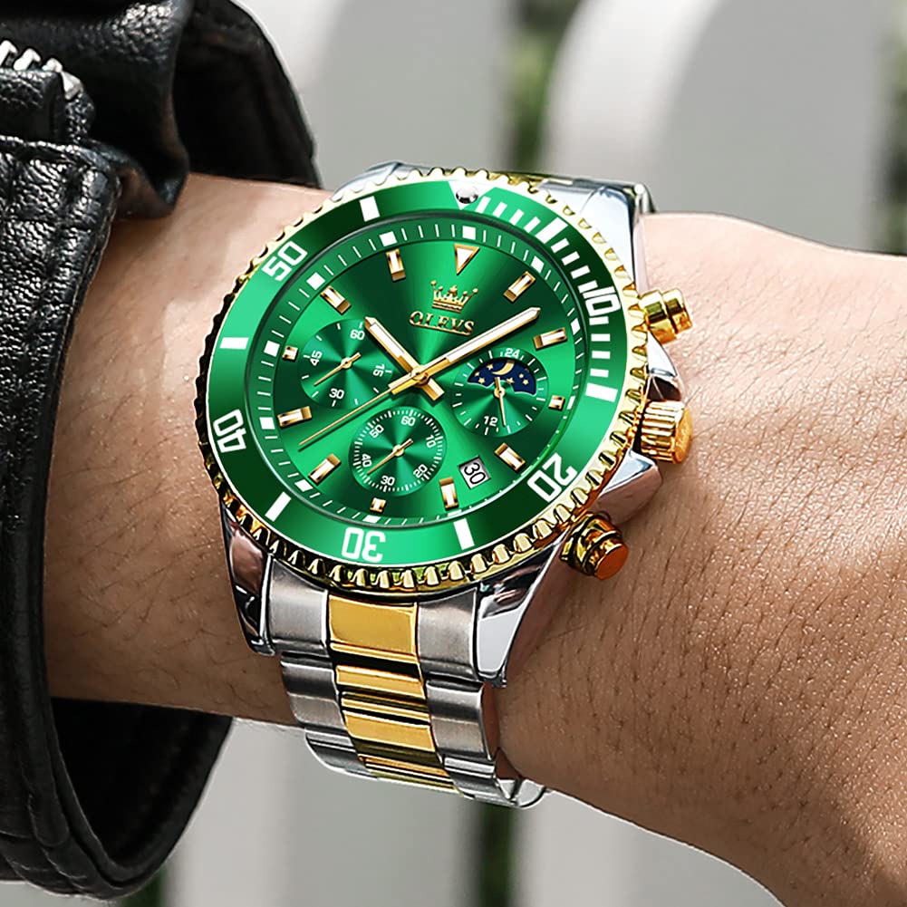 OLEVS Men's Luxury Stainless Steel Analog Quartz Watch - Big Dial, Waterproof, Luminous, Rotatable Bezel - Classic Business Wristwatch for Professional & Formal Occasions
