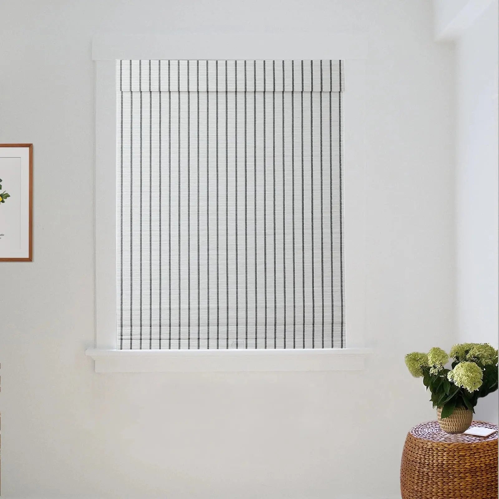 Natural Bamboo Woven Window Shade - Blue & White Handmade Eco-Friendly Roller Blind for Living Room, Bedroom & Office Decor