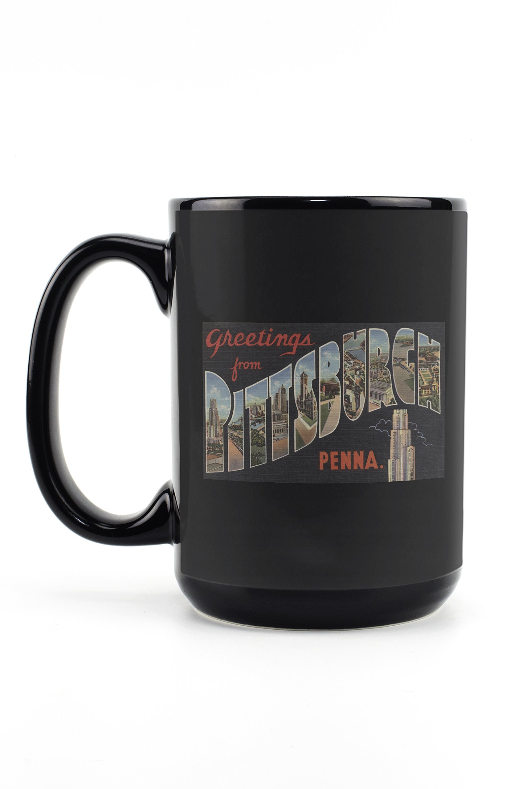 Lantern Press Greetings from Pittsburgh Pennsylvania - 15oz Black Ceramic Coffee & Tea Mug - Dishwasher & Microwave Safe - Perfect for Home, Office & Gifts