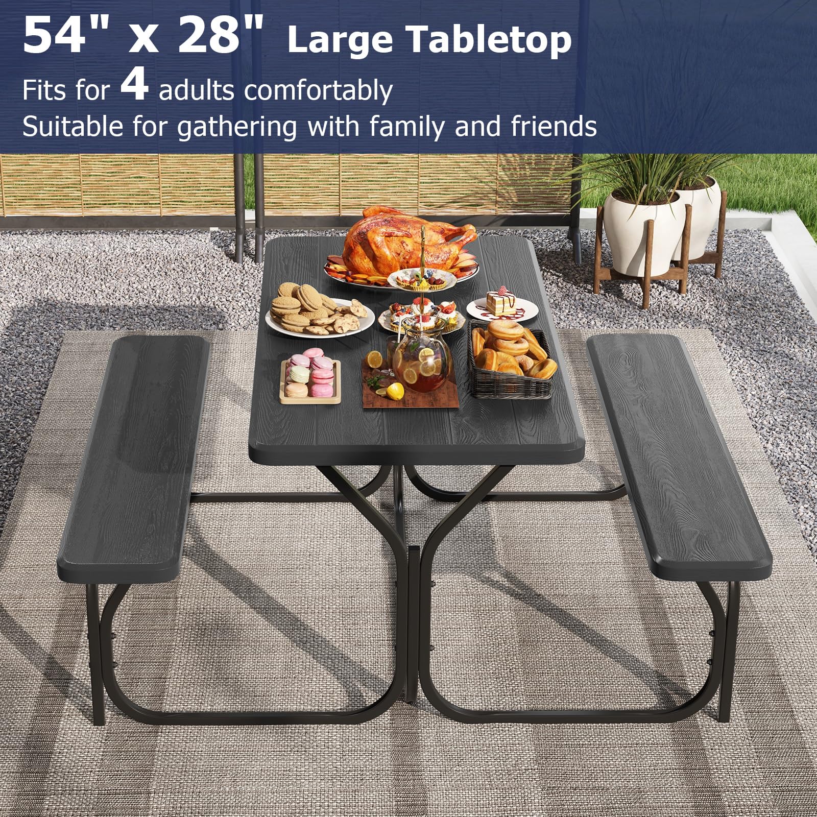 GYMAX Outdoor Picnic Table with All-Weather Wood Grain Tabletop & Sturdy Metal Frame - Easy Assembly for Camping, Backyard, Deck, Patio, Poolside Dining & Parties - Perfect for BBQs, Family Gatherings & Outdoor Entertaining