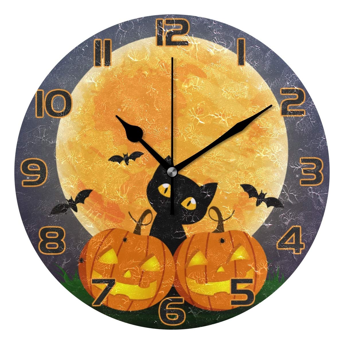 Happy Halloween Pumpkins Moon Cat Wall Clock - Silent Non-Ticking Battery Operated Clock for Kids Room, Home Office, Bedroom & Living Room Decor - Perfect for Halloween Party, Nursery & Seasonal Home Decoration