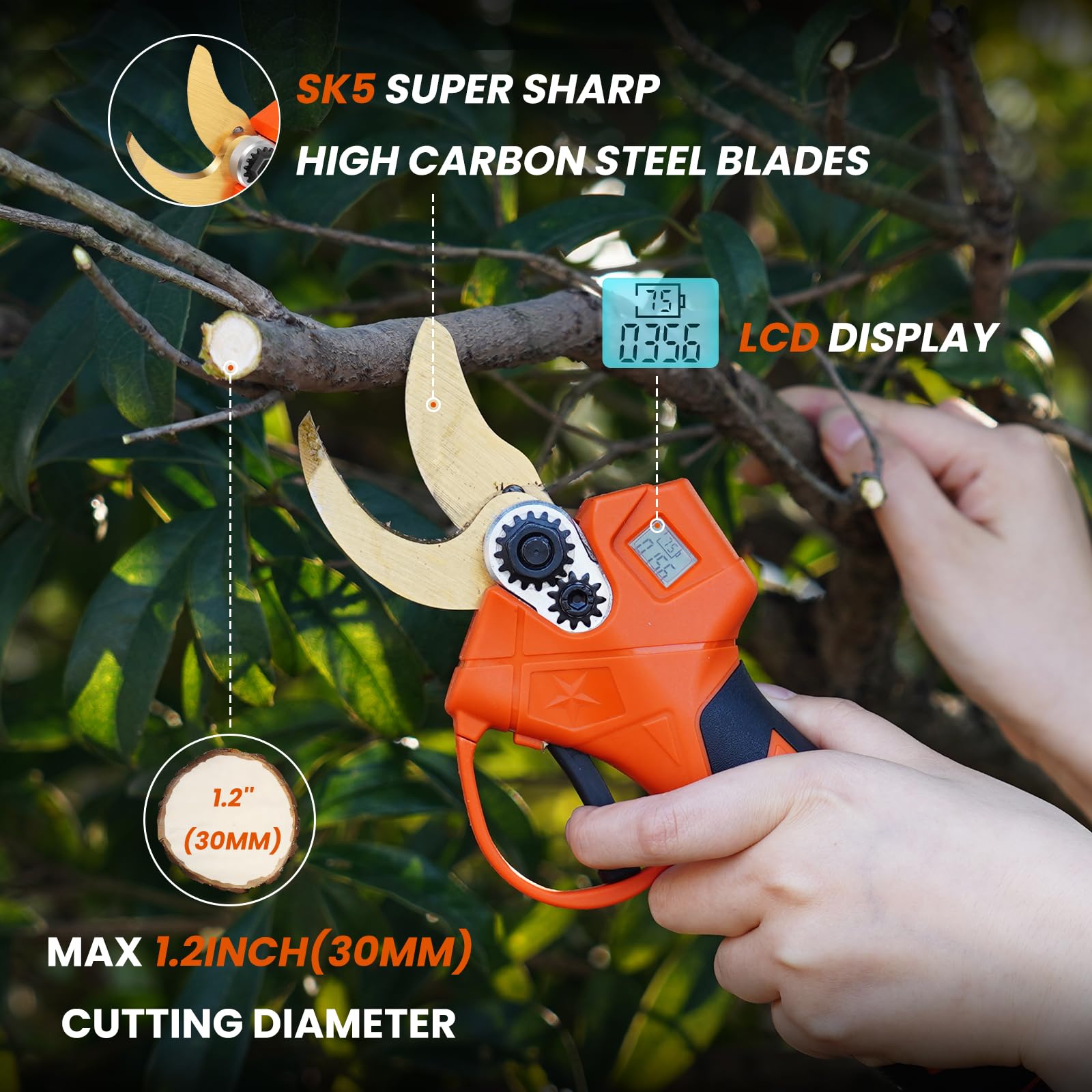 HARDELL 21V Cordless Electric Pruning Shears with LCD Display - Brushless Motor Tree Branch Cutter with 2 Rechargeable Batteries & Replacement Blade - Perfect for Gardening, Landscaping, and Tree Trimming