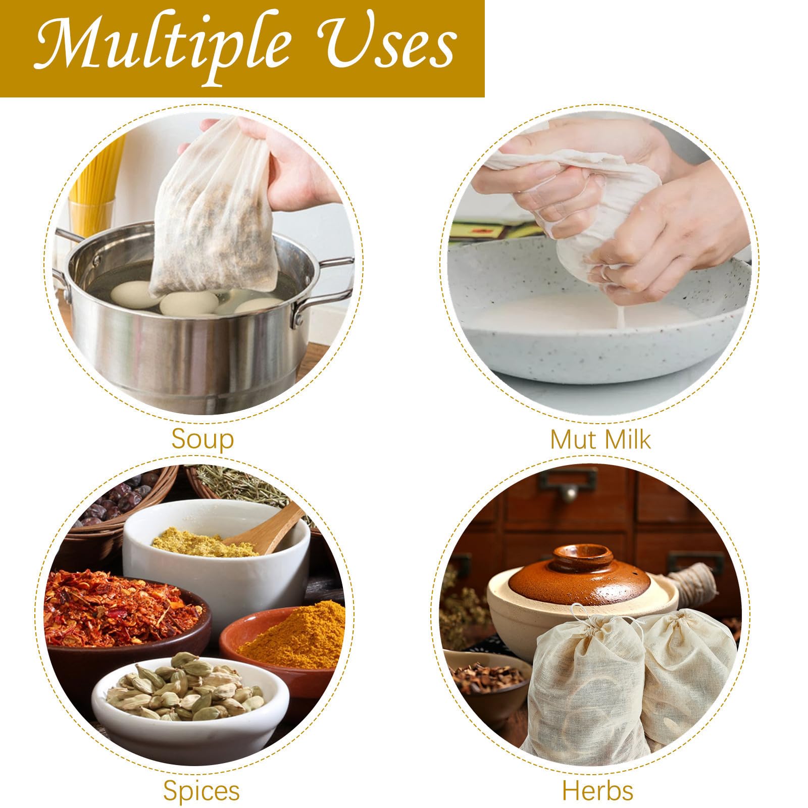 24 Pack Reusable Spice Bags for Cooking - 6x8 Inch Cheesecloth Bags for Straining, Tea, Soup & Bone Broth | Eco-Friendly Cotton Muslin Drawstring Bags | Perfect for Herbal Infusions, Spice Storage & DIY Brewing