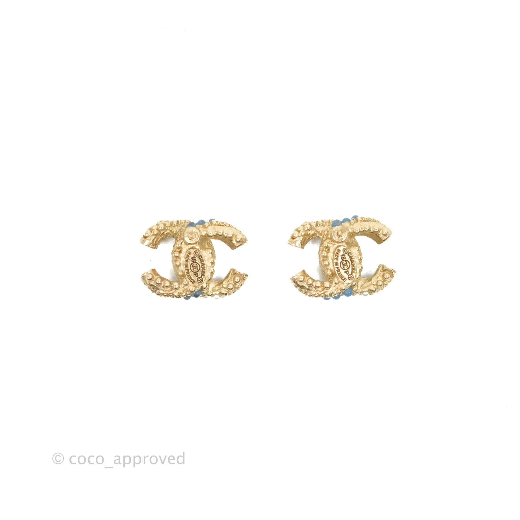 Chanel CC Pearl Blue Resin Earrings Gold Tone 18P - Elegant Fashion Jewelry for Women, Perfect for Parties, Weddings & Special Occasions