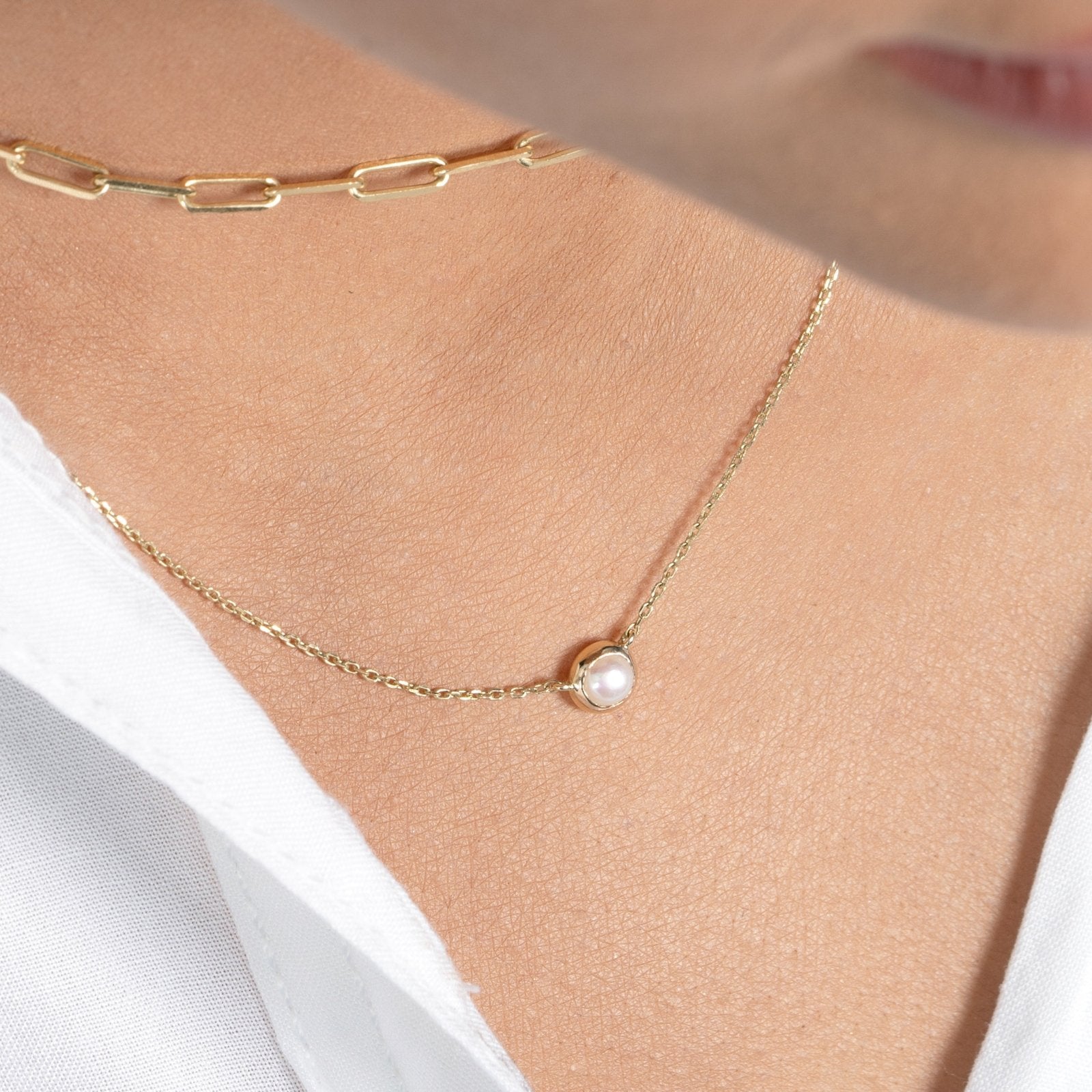 14K Yellow Gold Freshwater Pearl Station Necklace - Elegant Bezel Setting for Women, Perfect for Weddings, Parties & Everyday Wear