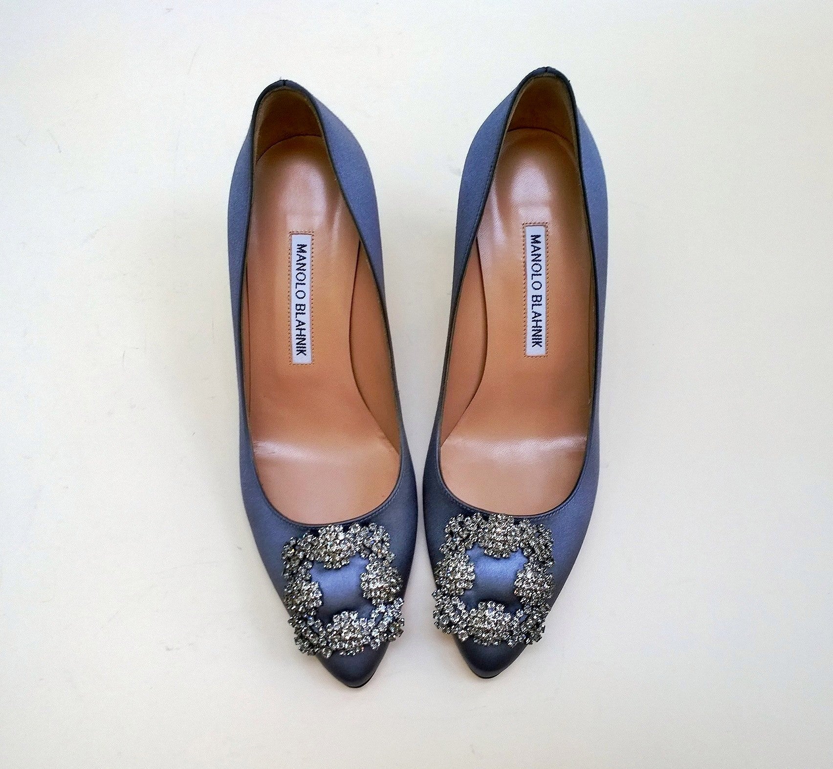 Manolo Blahnik Grey Satin Hangisi Rhinestone Buckle Heels - Women's Luxury Dress Pumps Size [X] | Perfect for Weddings, Red Carpet Events & Special Occasions
