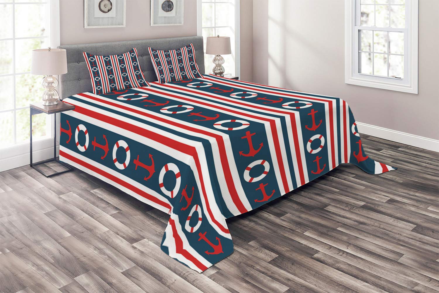 Ambesonne Nautical Quilt Set Queen Size - 3 Piece Maritime Bedspread with Steering Wheel & Anchor Pattern, Striped Vertical Borders in Indigo Red White - Perfect for Coastal Themed Bedrooms, Guest Rooms & Beach House Decor