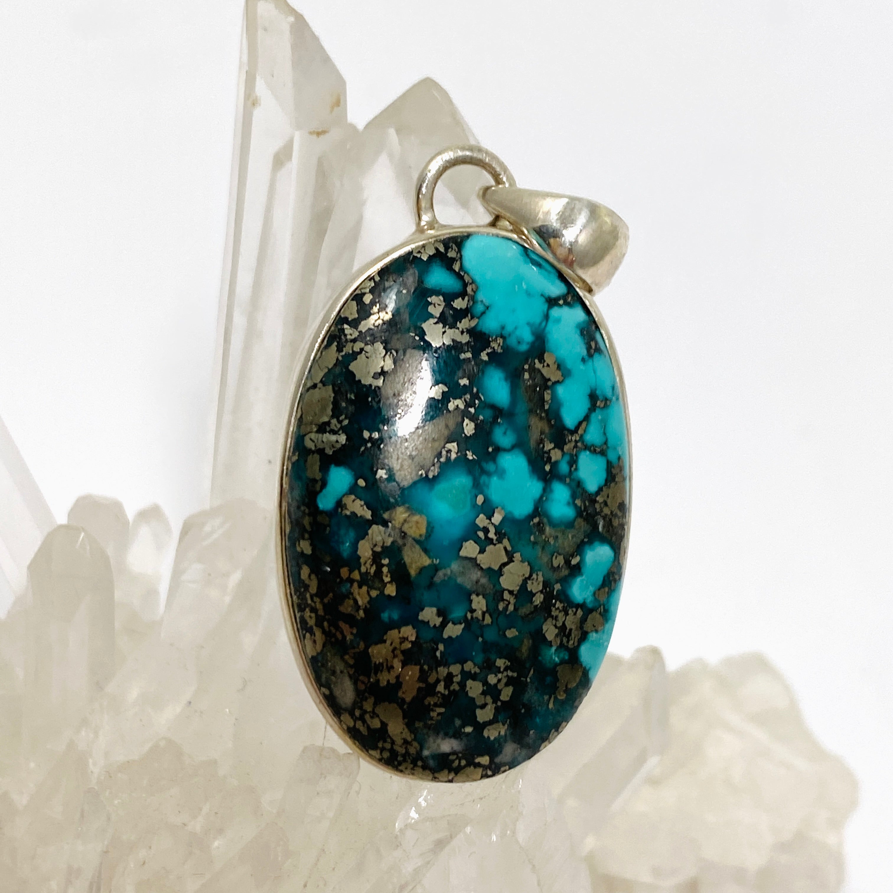 Natural Persian Turquoise with Pyrite Oval Cabochon Pendant - Genuine Iranian Gemstone Jewelry for Women - Perfect for Boho Chic & Southwest Style Outfits