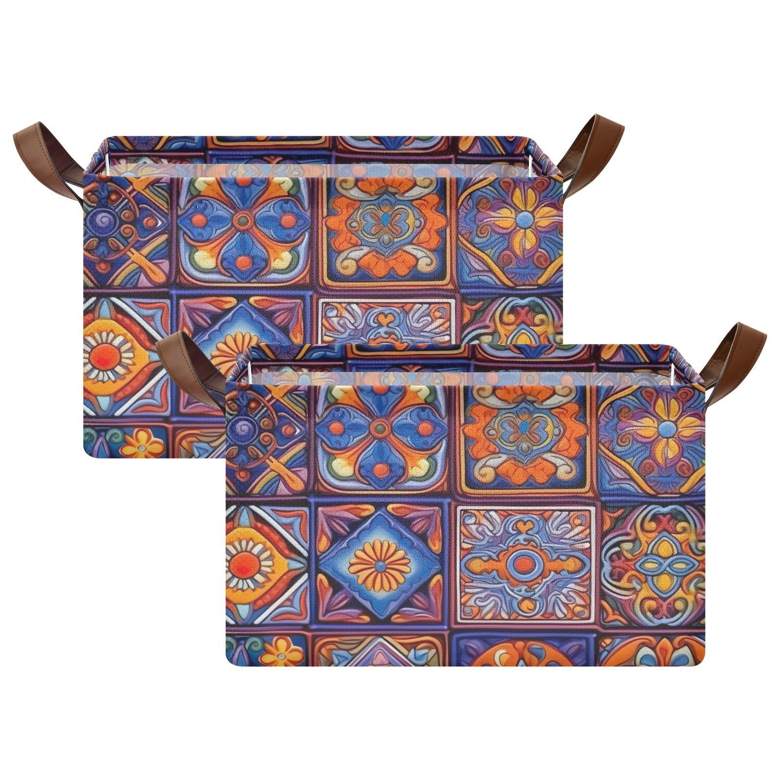 Emelivor Mexican Talavera Blue Storage Bins - Foldable Rectangular Organizer Baskets with Handles for Shelves, Nursery, Closet & Laundry | Perfect for Organizing Toys, Clothes & Home Decor