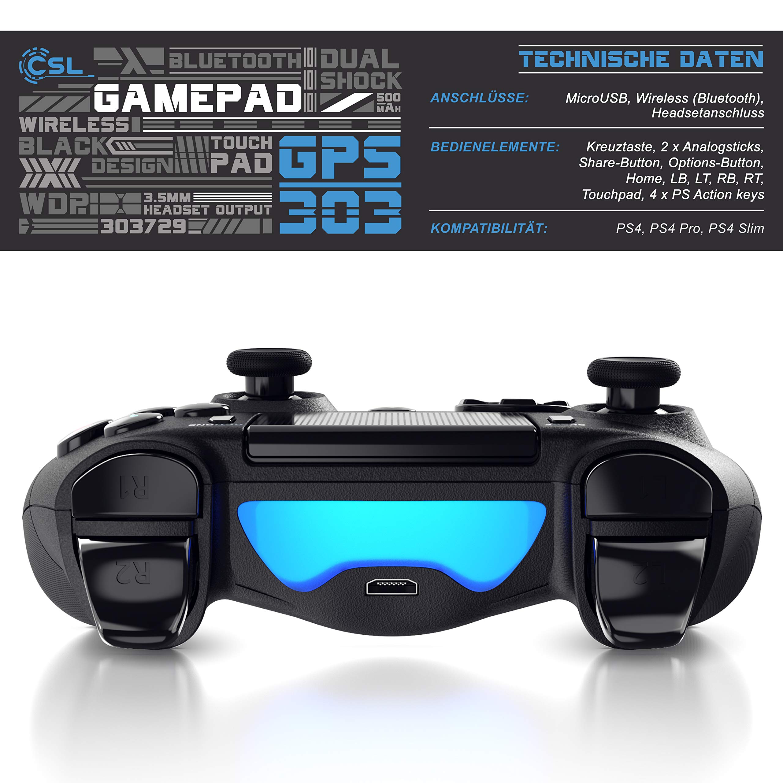 CSL - 2 Pack Wireless PS4 Controller - Bluetooth Gamepad with Dual Vibration, Touchpad & 3.5mm Headset Jack - Compatible with PlayStation 4, PS4 Slim & PS4 Pro - Share Button, 3D & Gyro Sensor - Perfect for Gaming, Streaming & Multiplayer Sessions