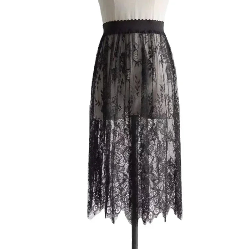 Elegant Black and White Lace High Waist Midi Skirt - Long Tulle Skirt with Elastic Waistband for Women - Perfect for Beach, Wedding, Party & Formal Occasions